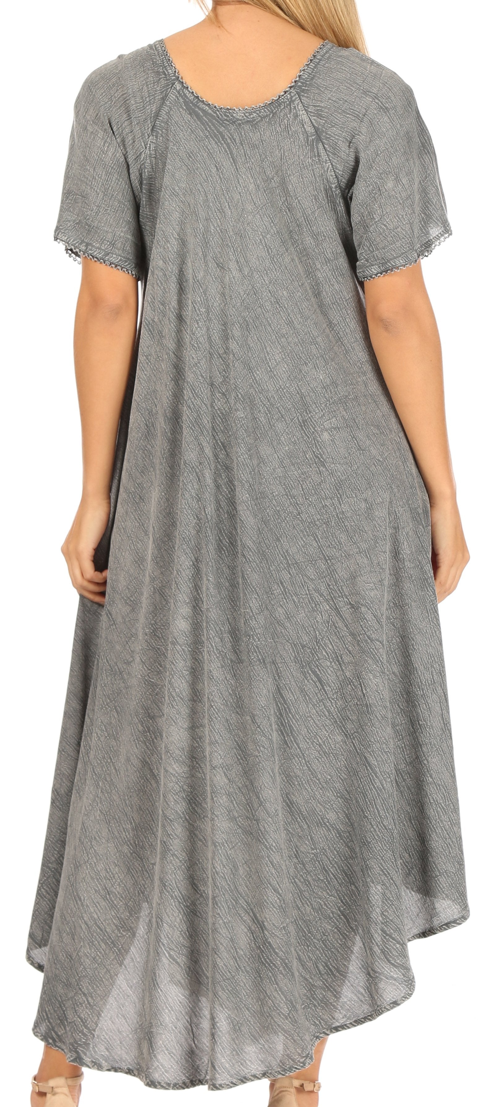 Gray dress with short sleeves and a flowing skirt on a plain background