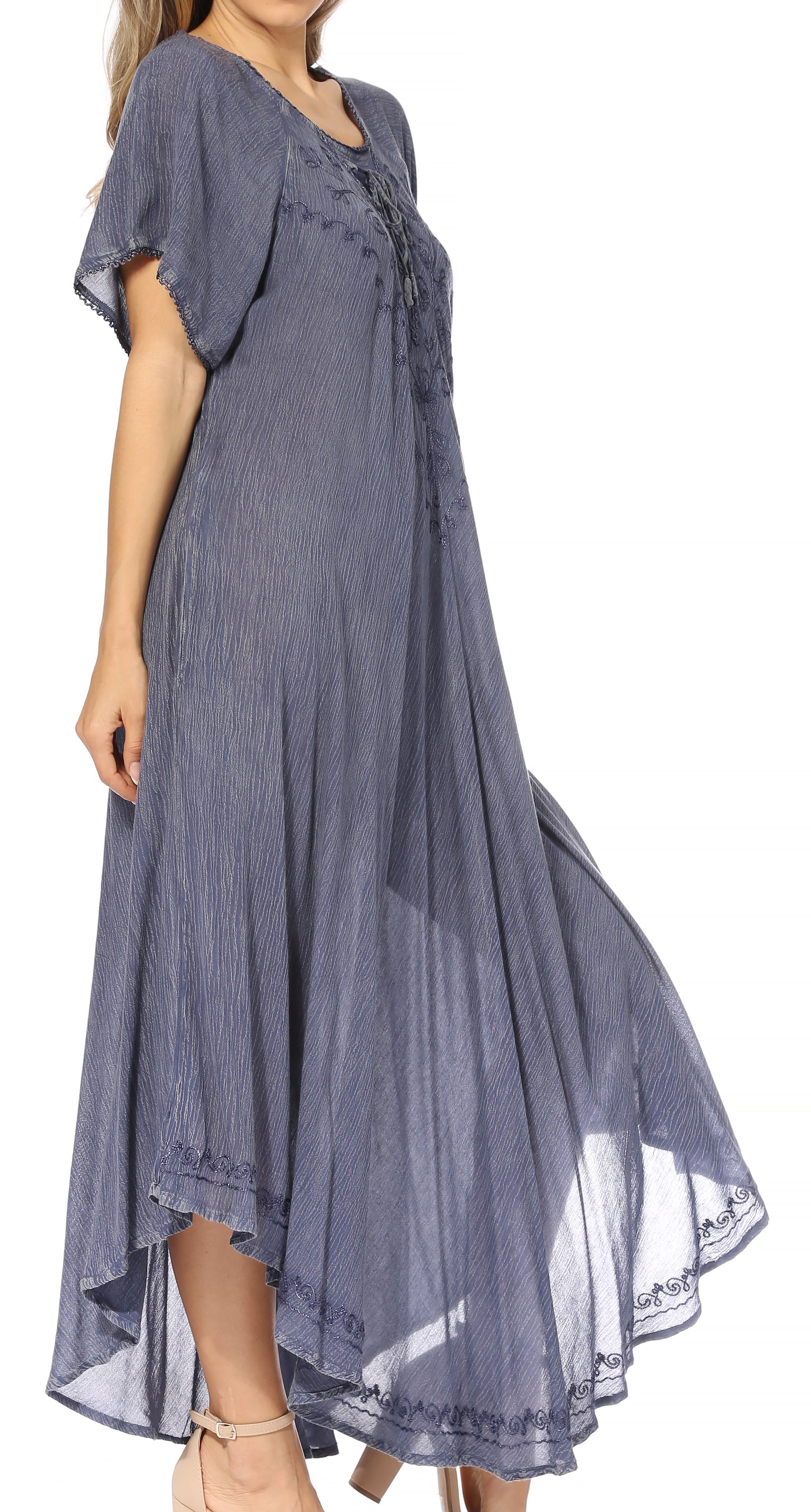 Long blue dress with a flowing skirt on a white background