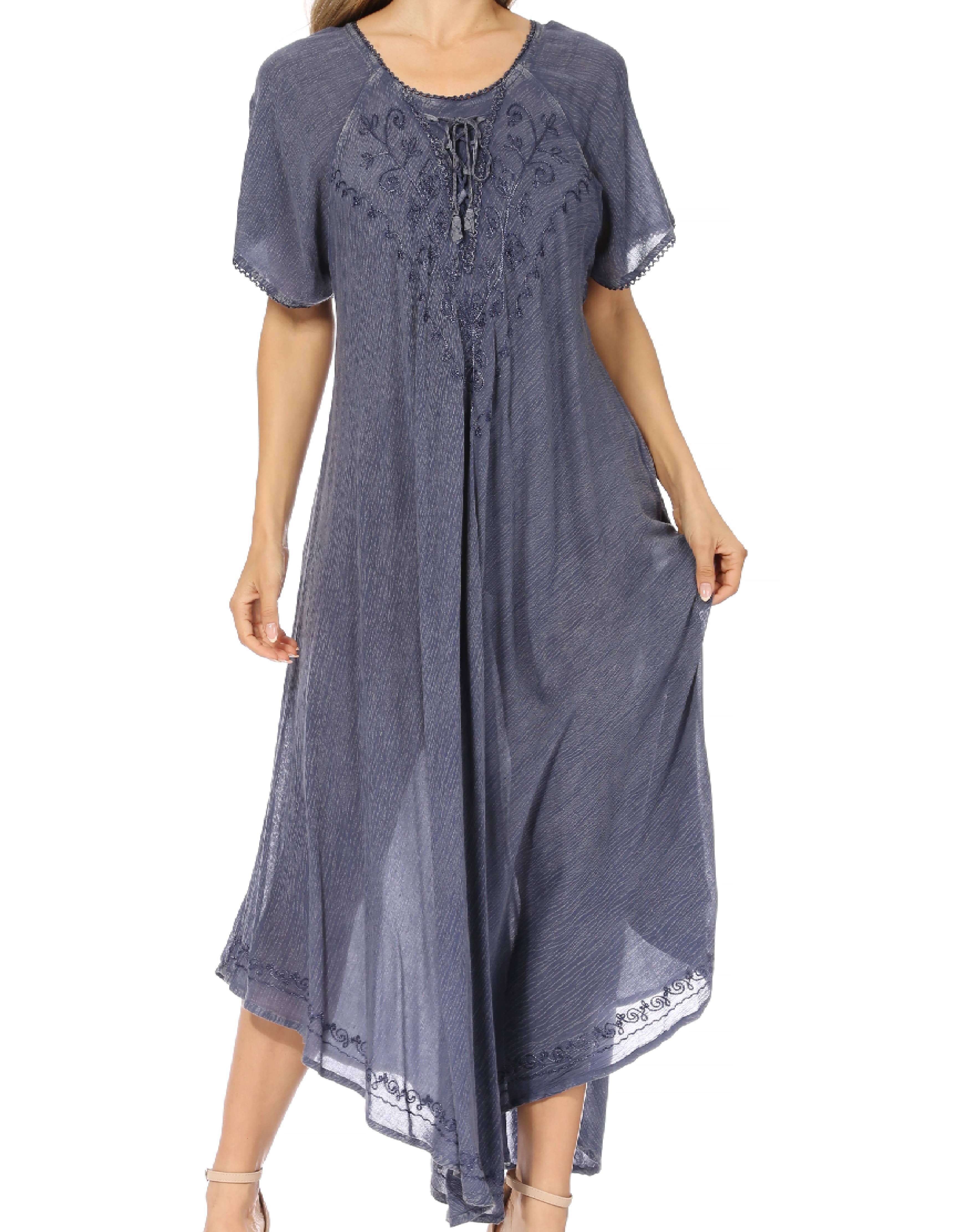 Long blue dress with lace details on a white background