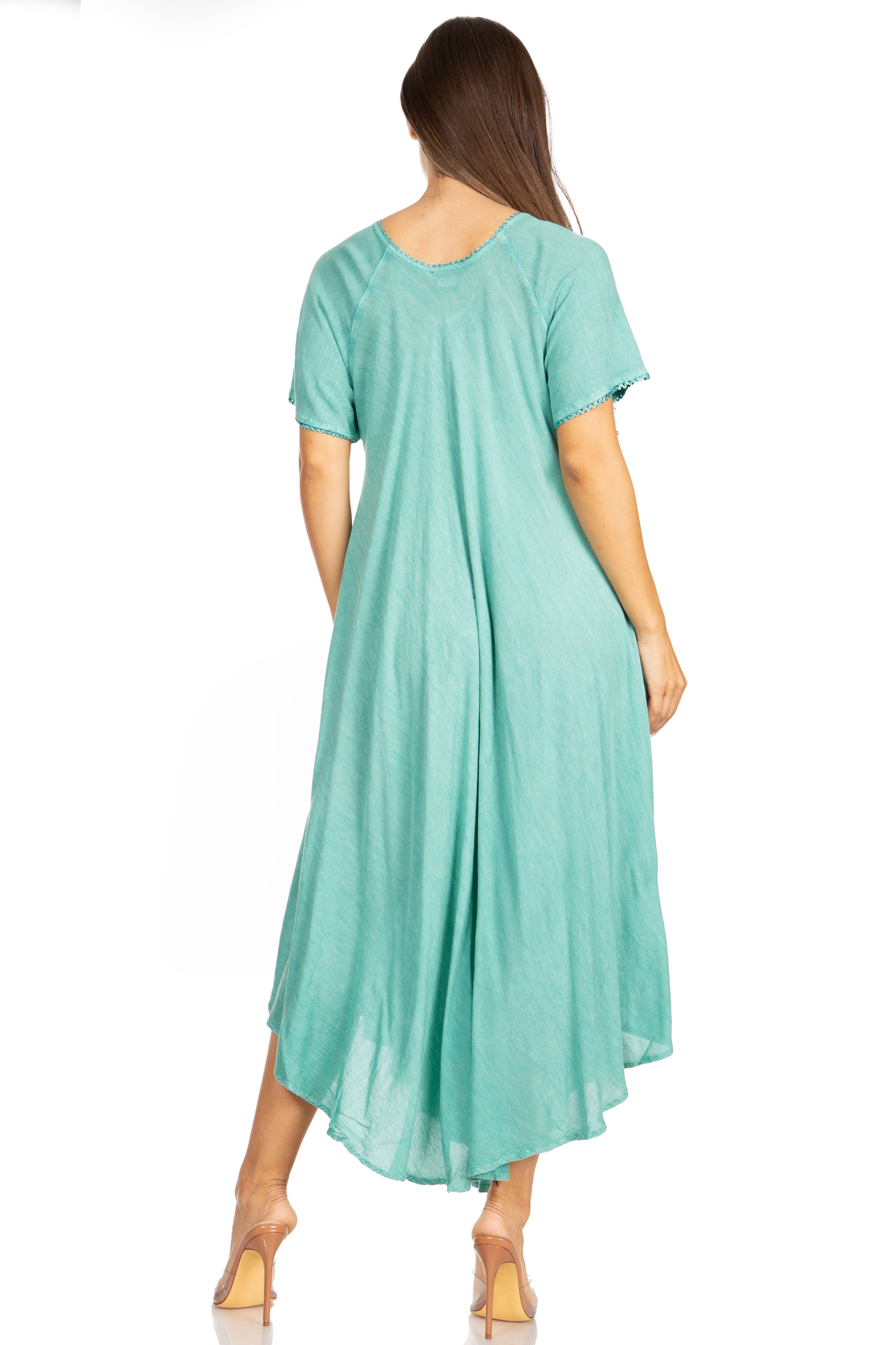 Woman wearing a light blue dress on a white background