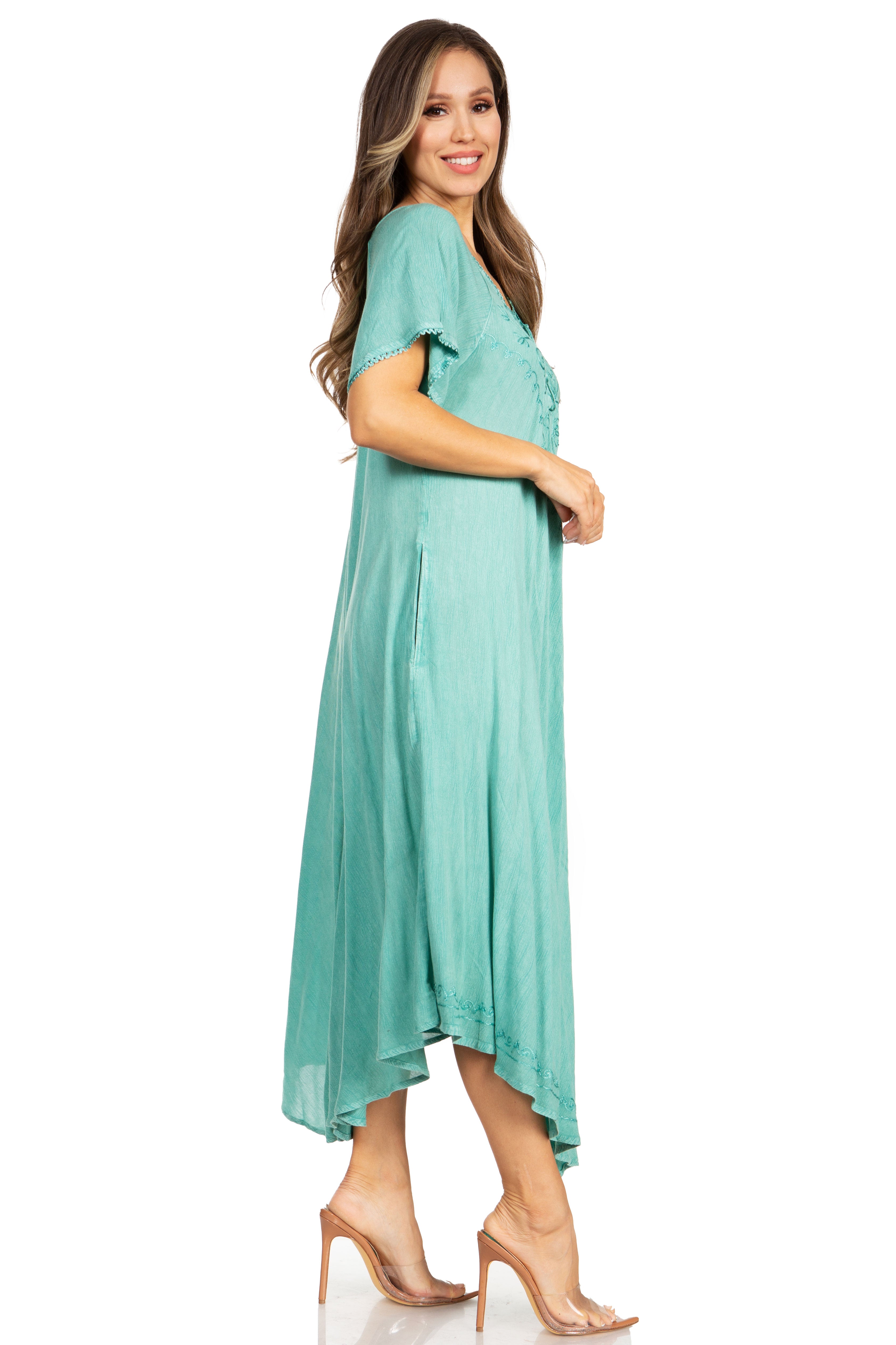 Woman wearing a light blue dress on a white background