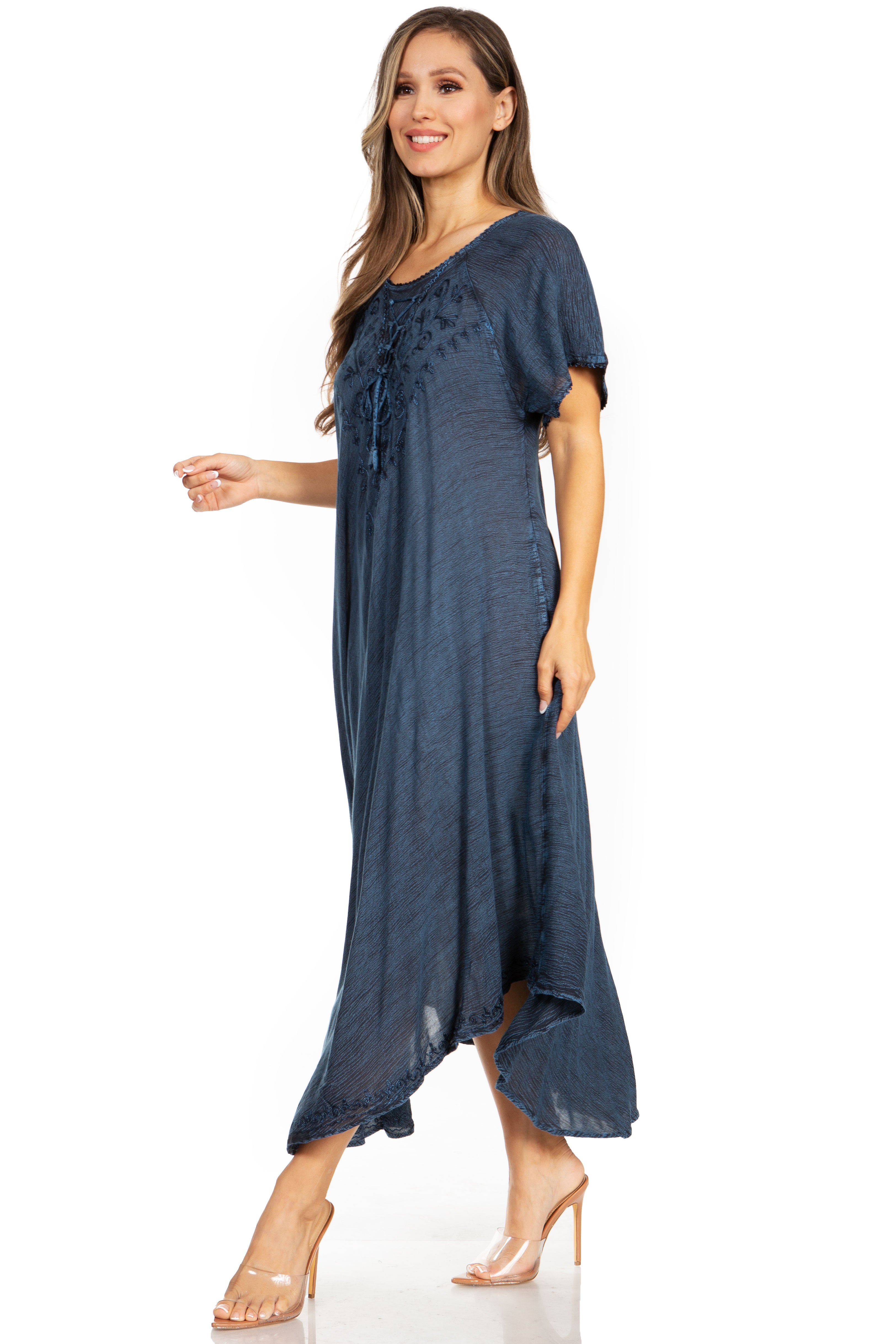 Woman wearing a blue dress on a white background