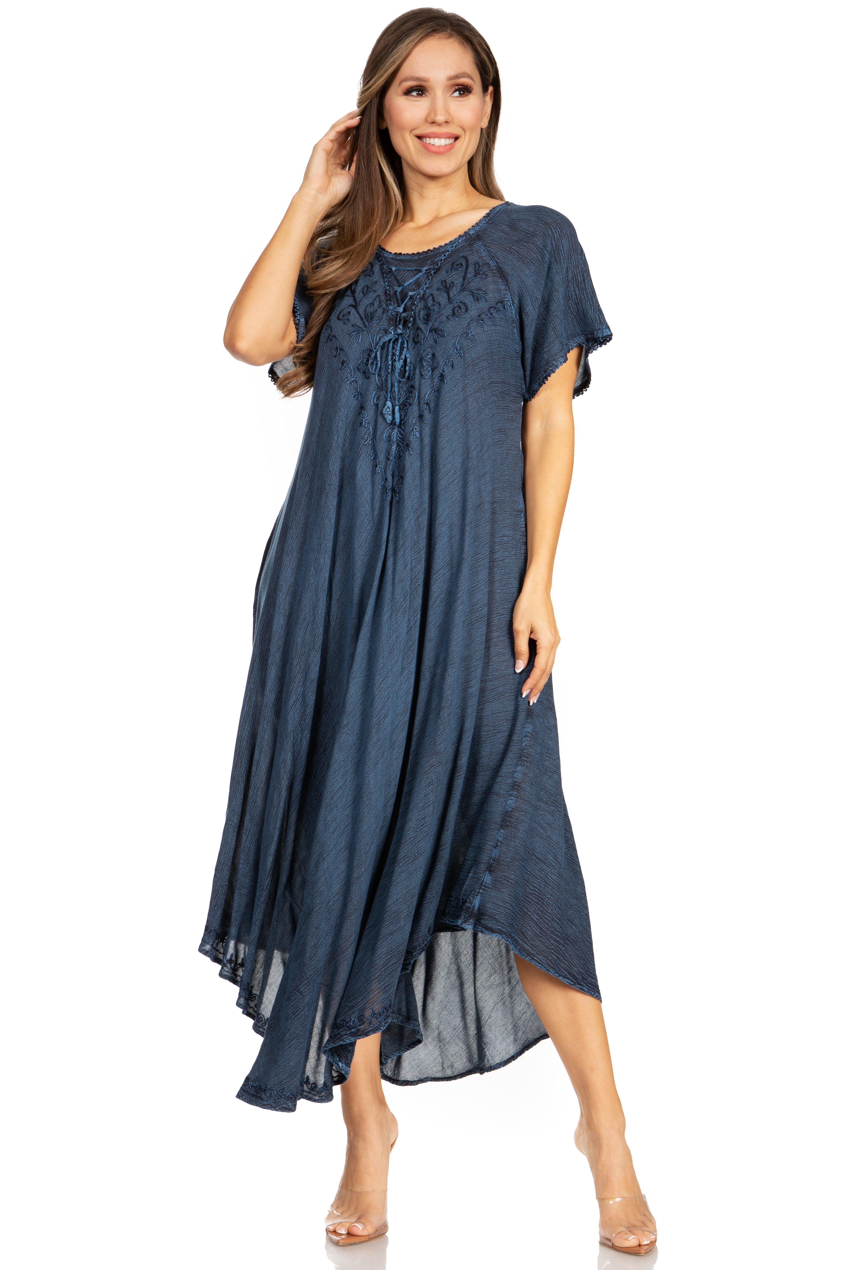 Woman wearing a blue dress on a white background