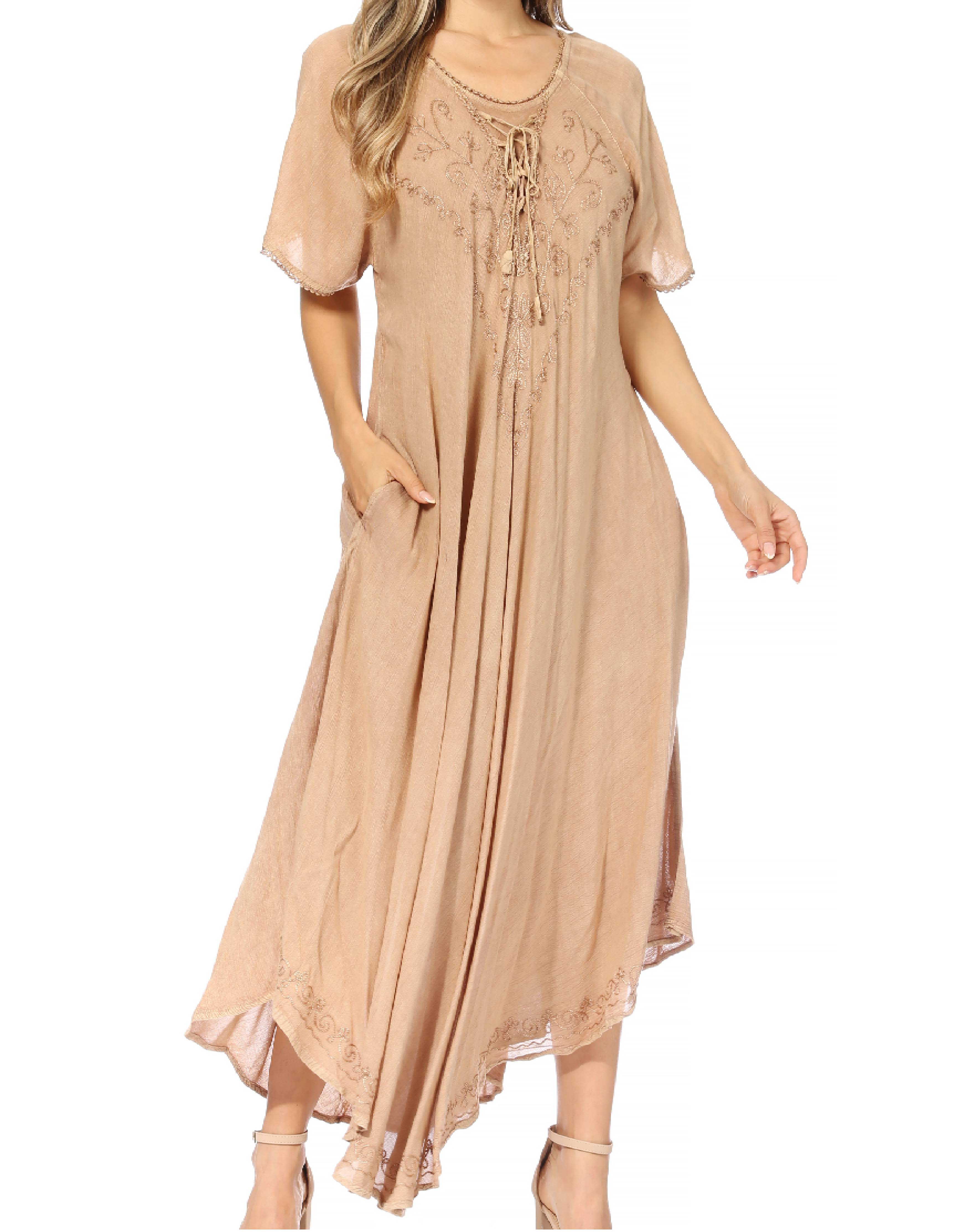 Beige dress with lace details on a white background