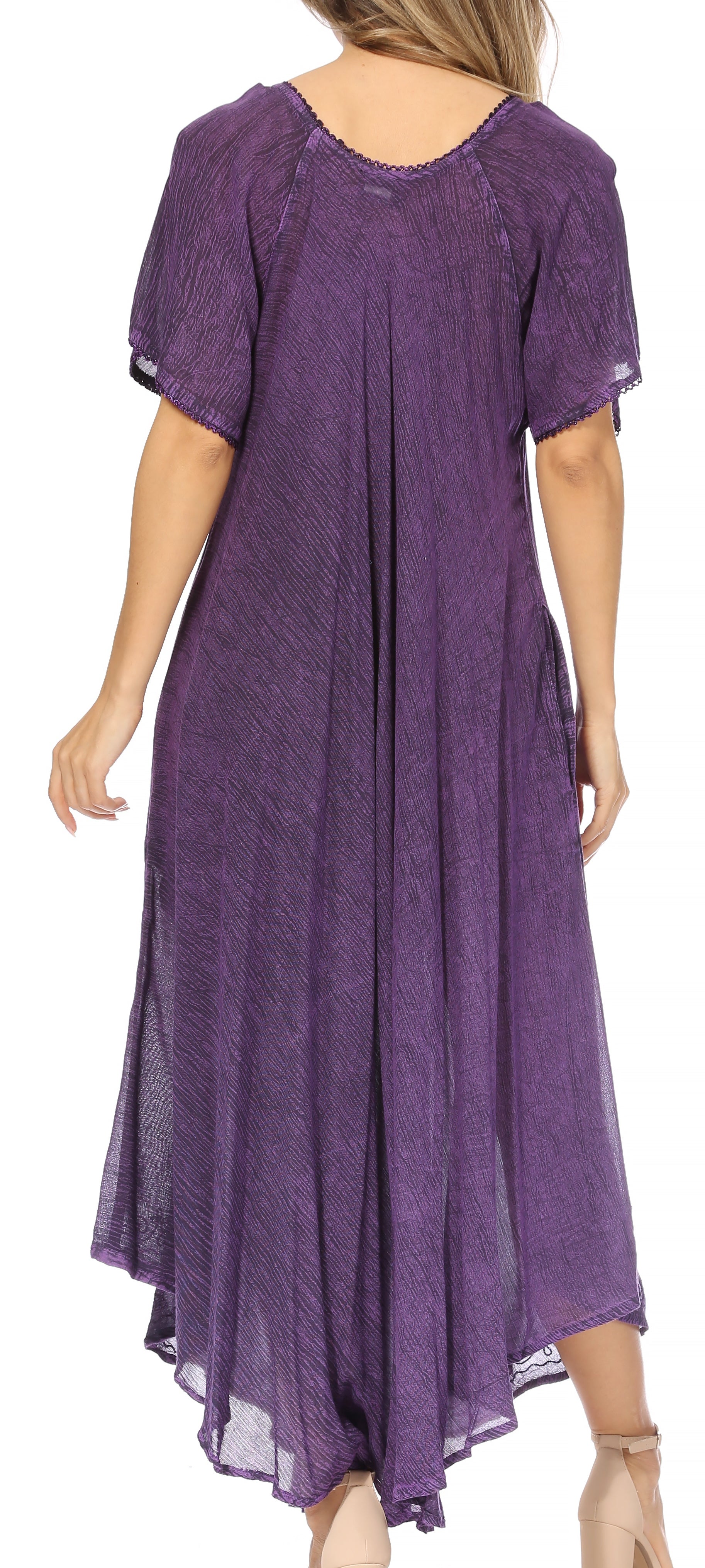 Purple dress with short sleeves and a flowing skirt on a white background