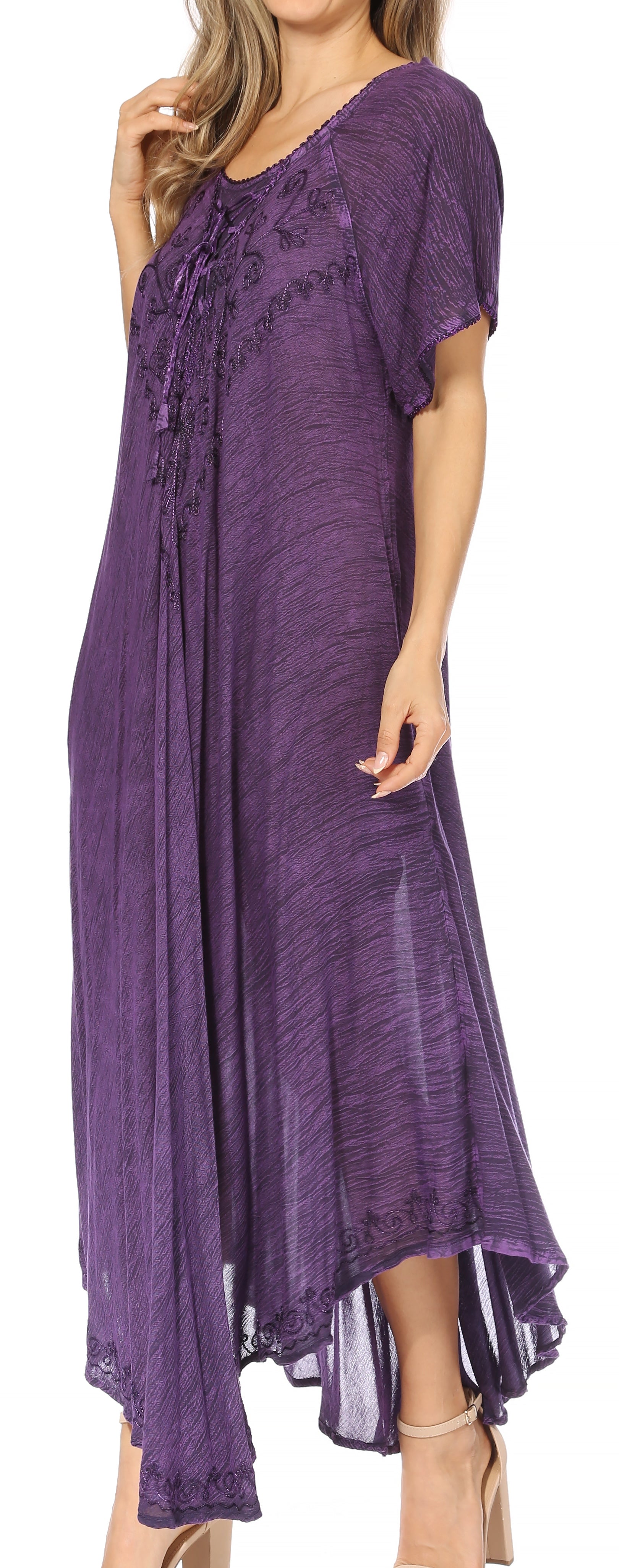 Purple dress with lace details on a white background