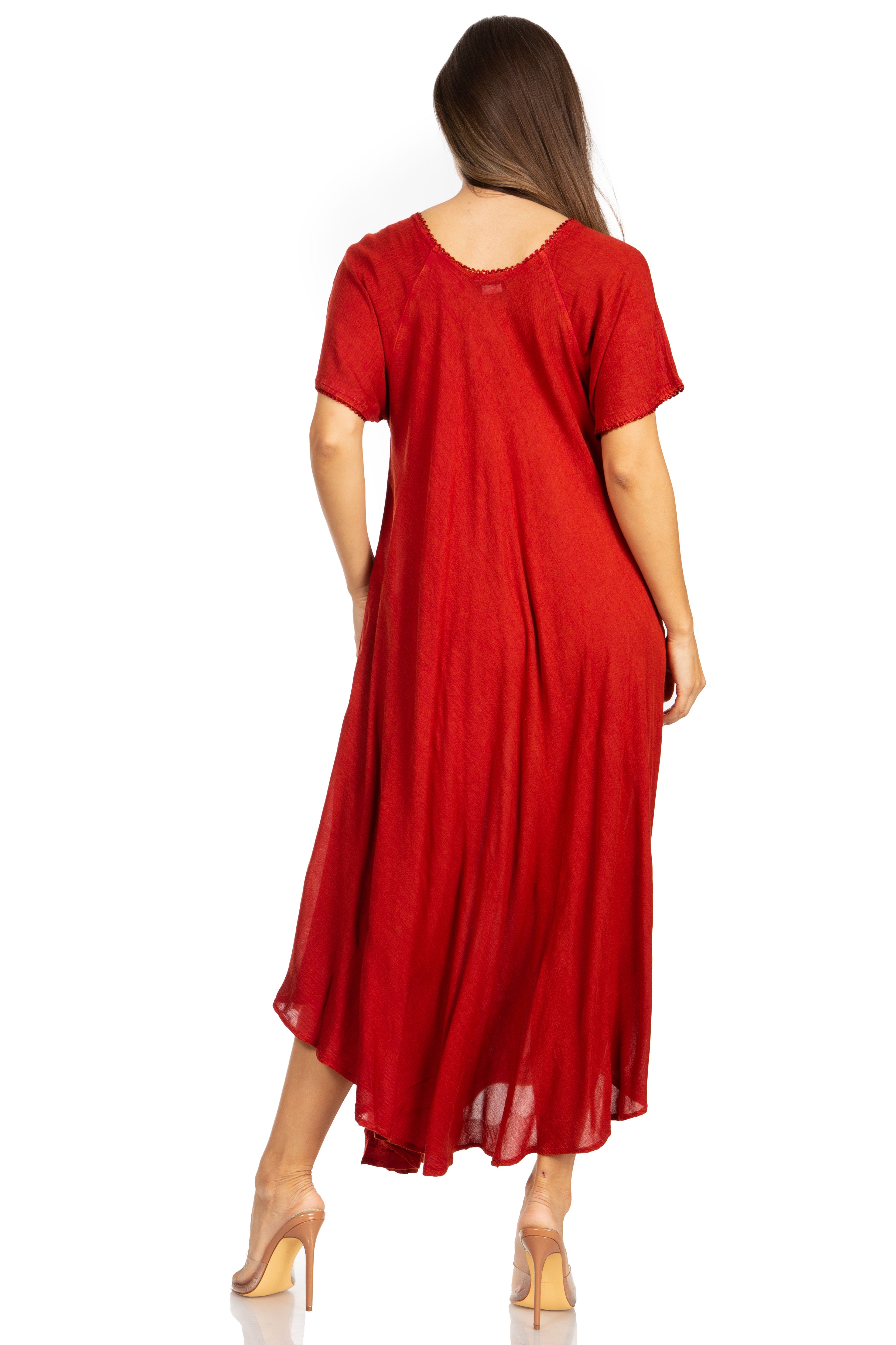 Red dress worn by a model on a white background