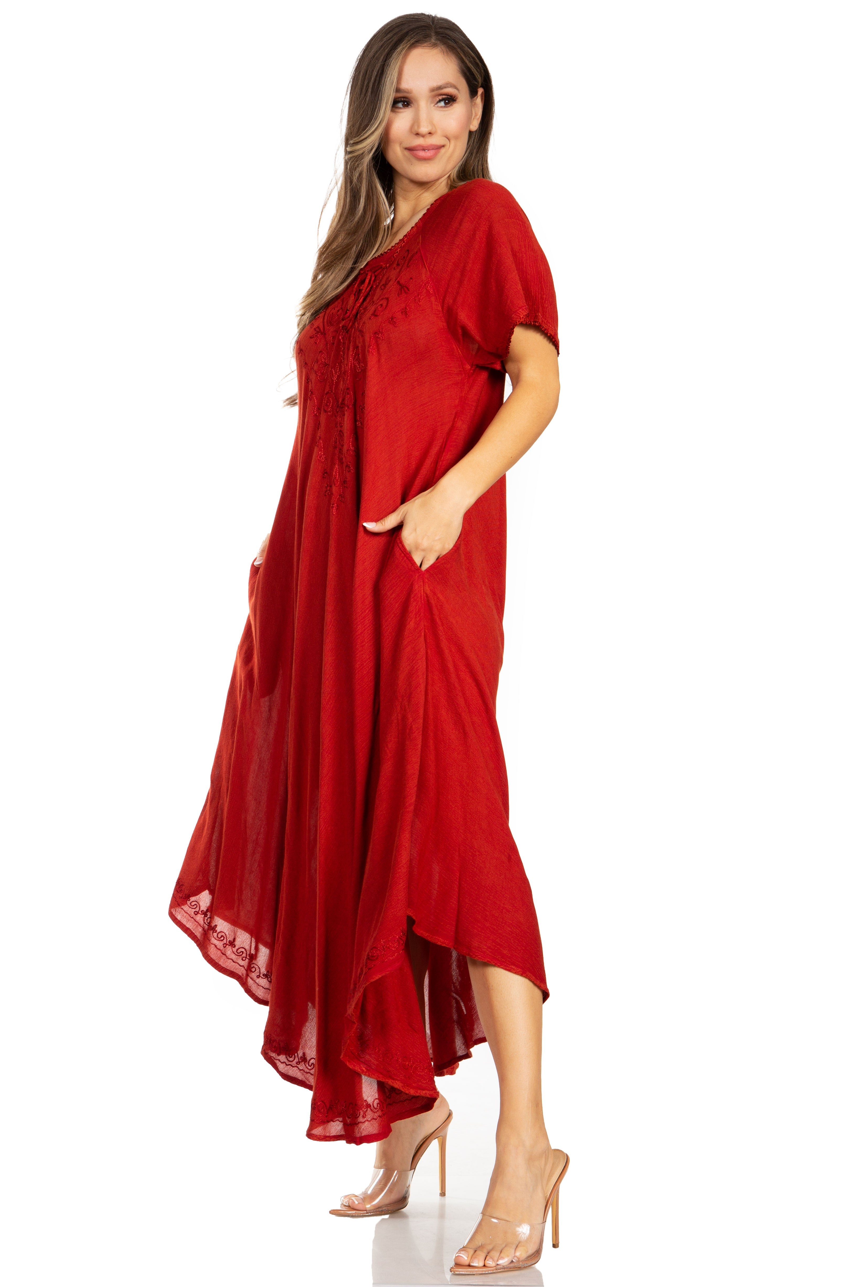 Woman wearing a red dress on a white background