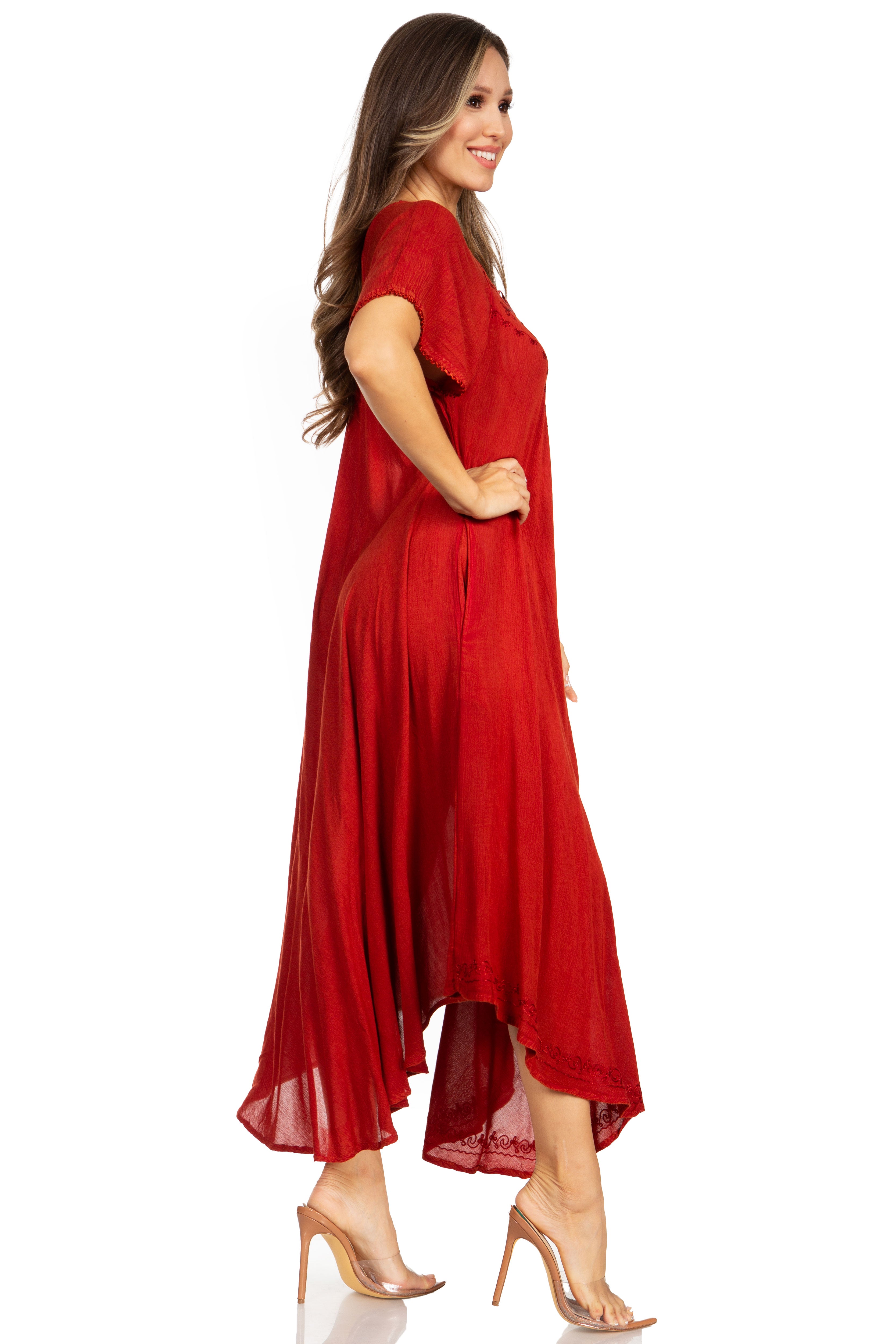 Woman wearing a red dress on a white background
