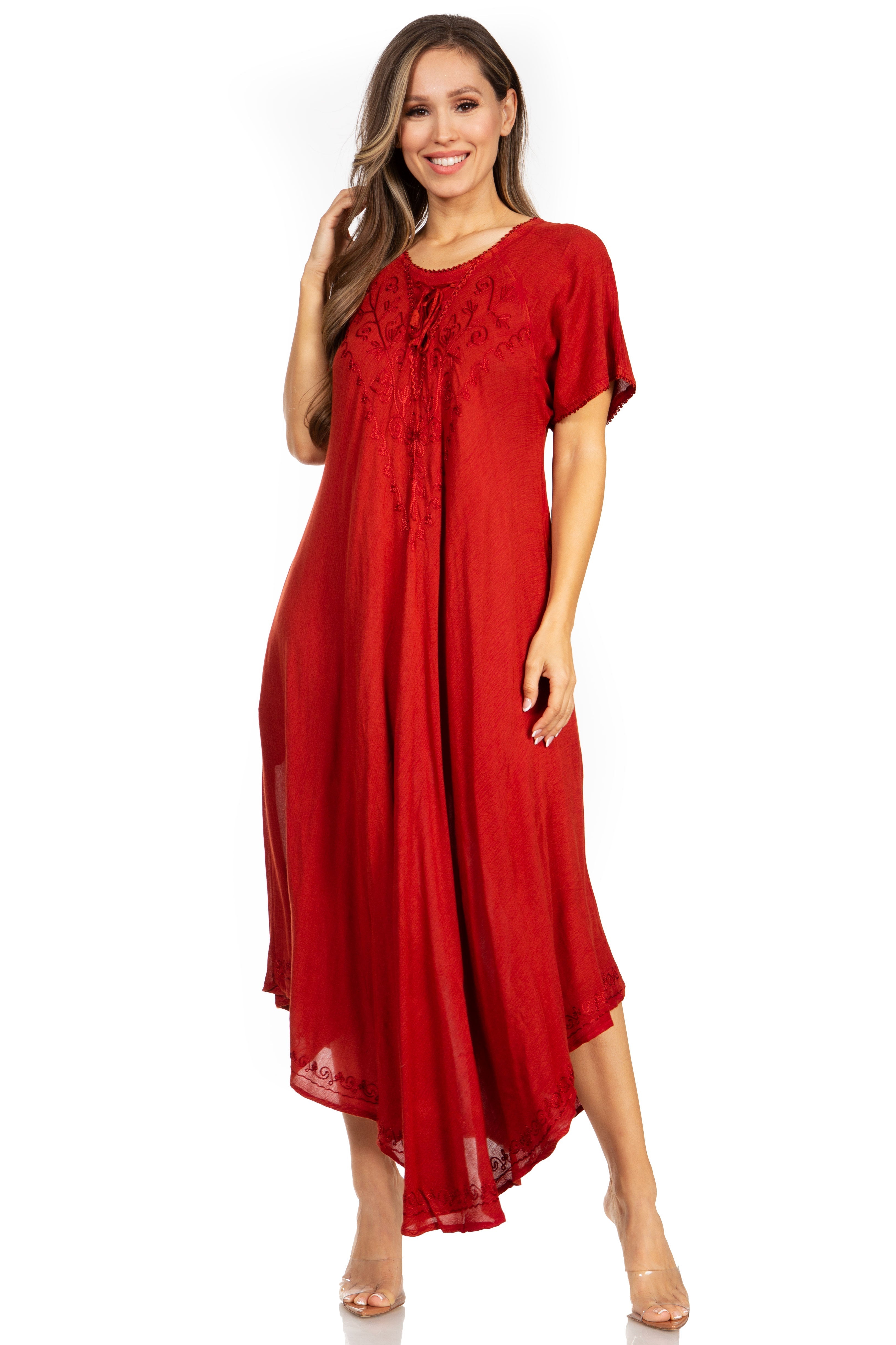 Woman wearing a red dress on a white background