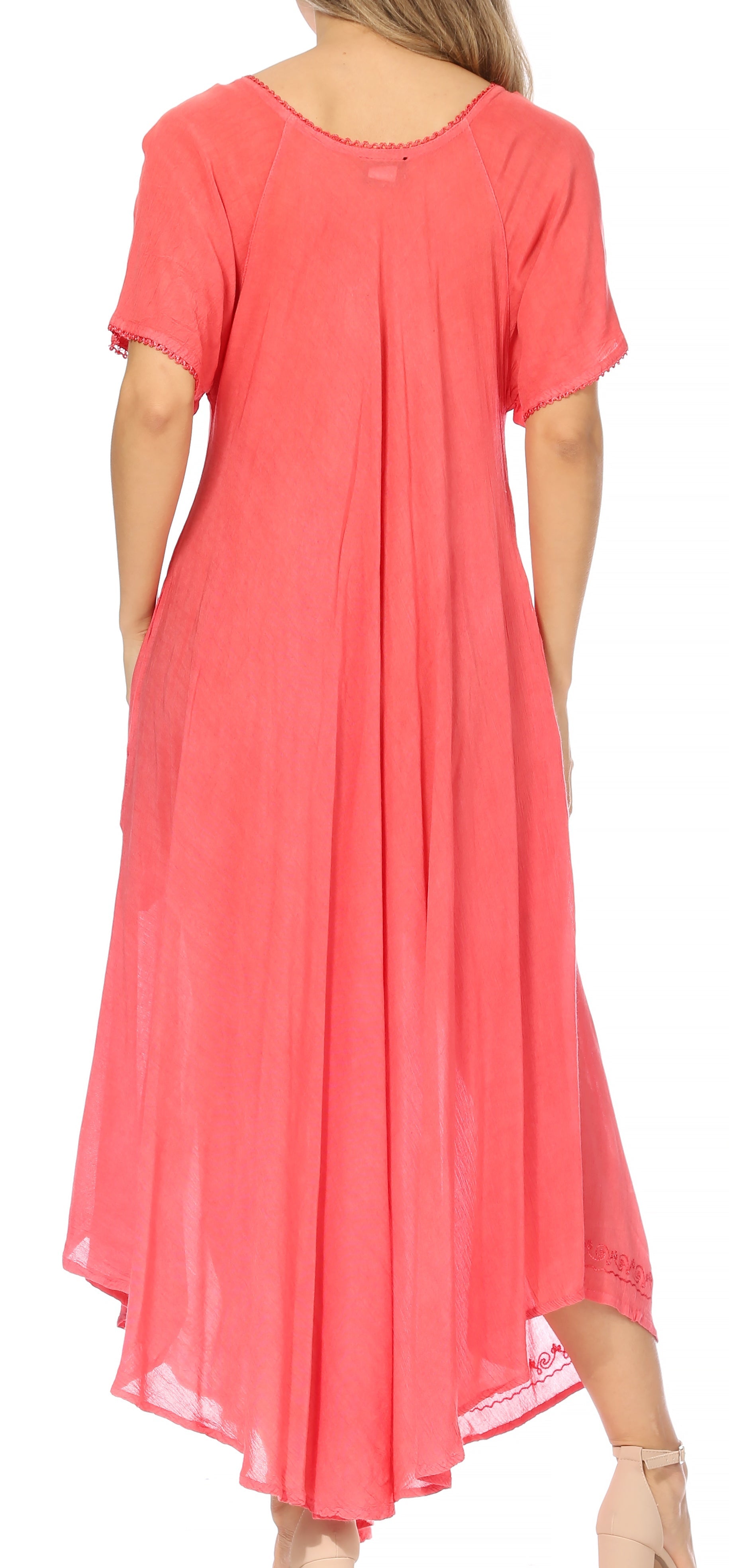 Coral dress worn by a person on a white background