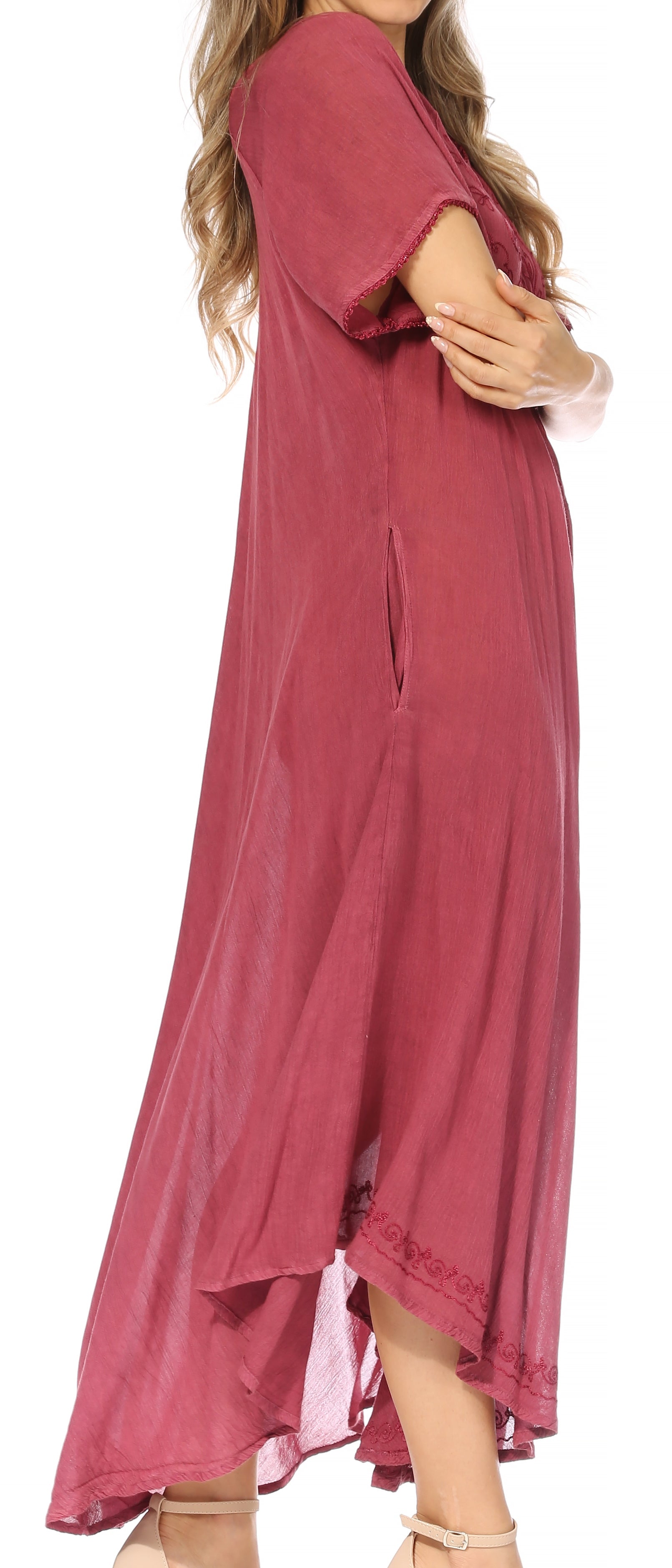 Maroon dress with a high-low hem on a white background