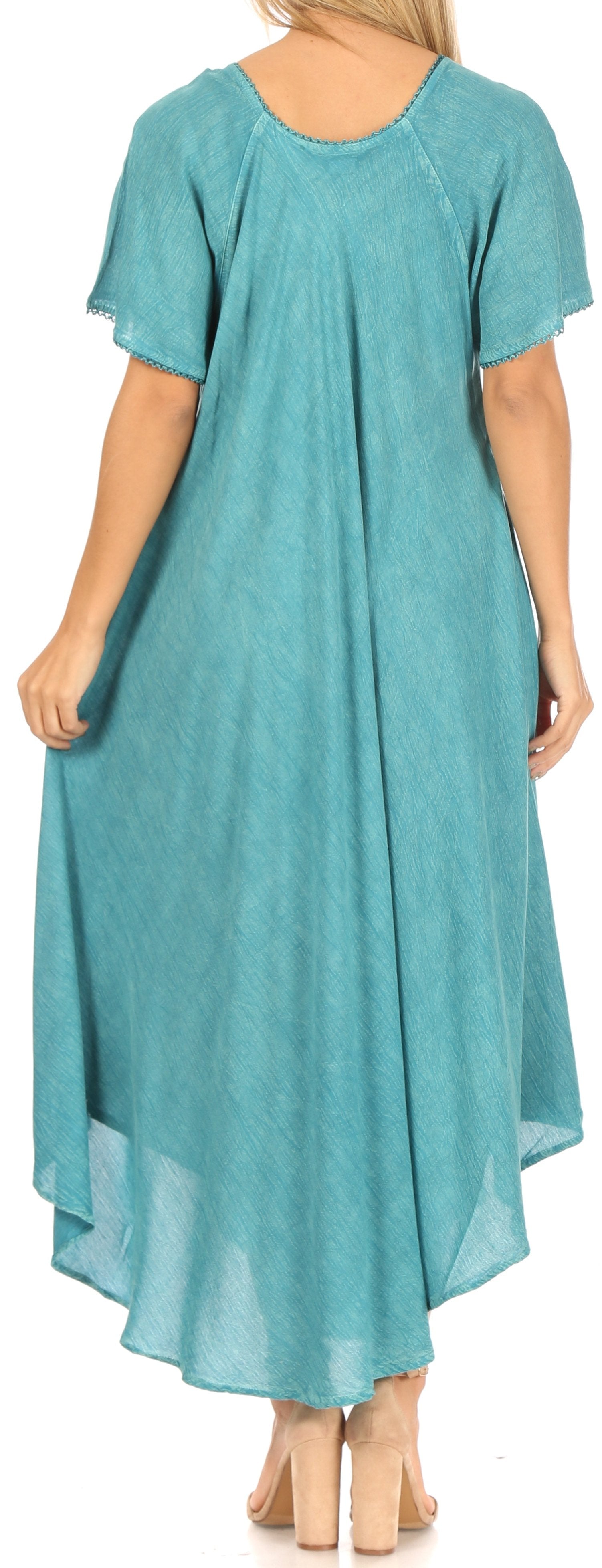 Teal dress worn by a person on a white background