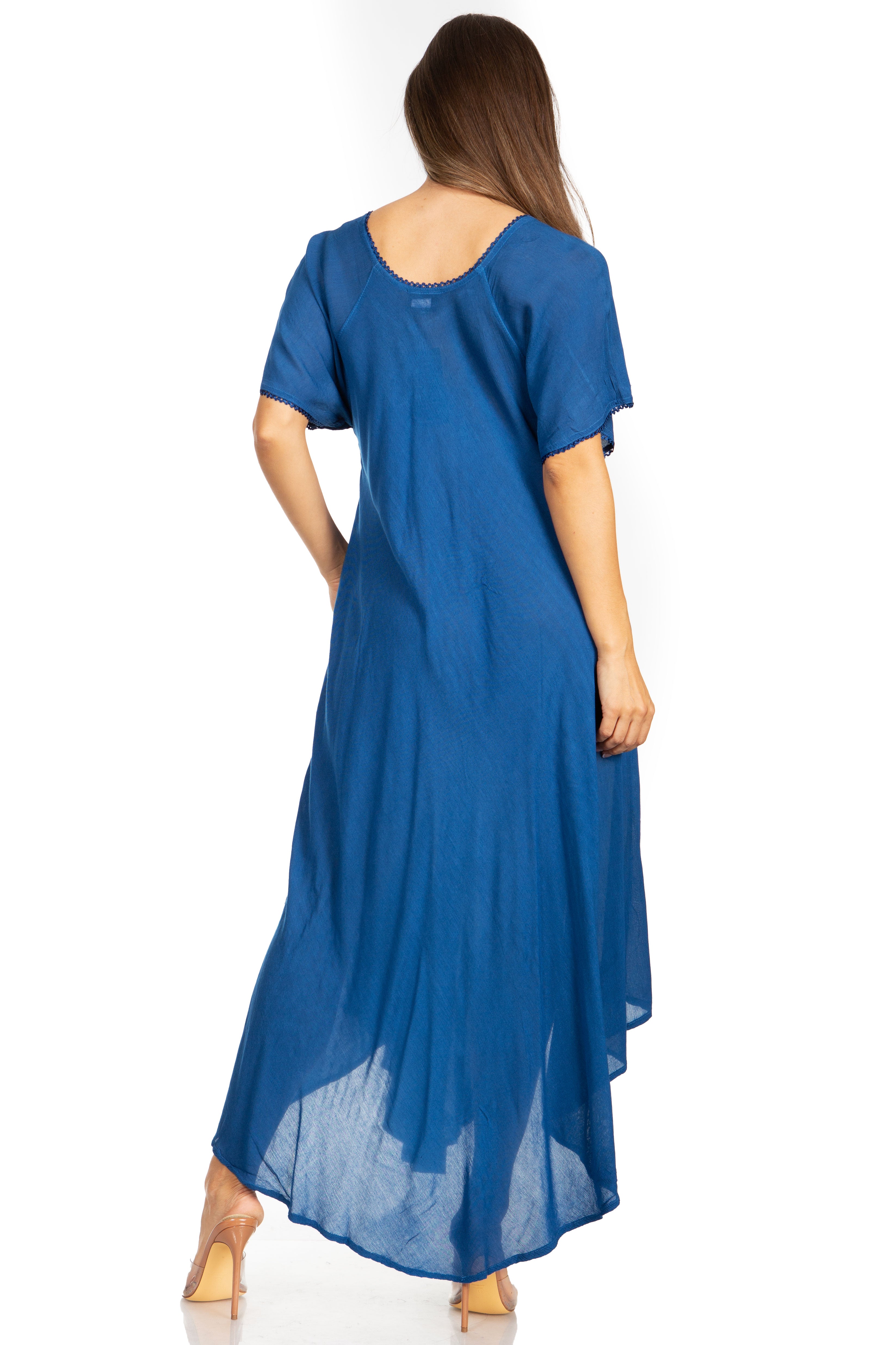 Woman wearing a blue dress with a white background