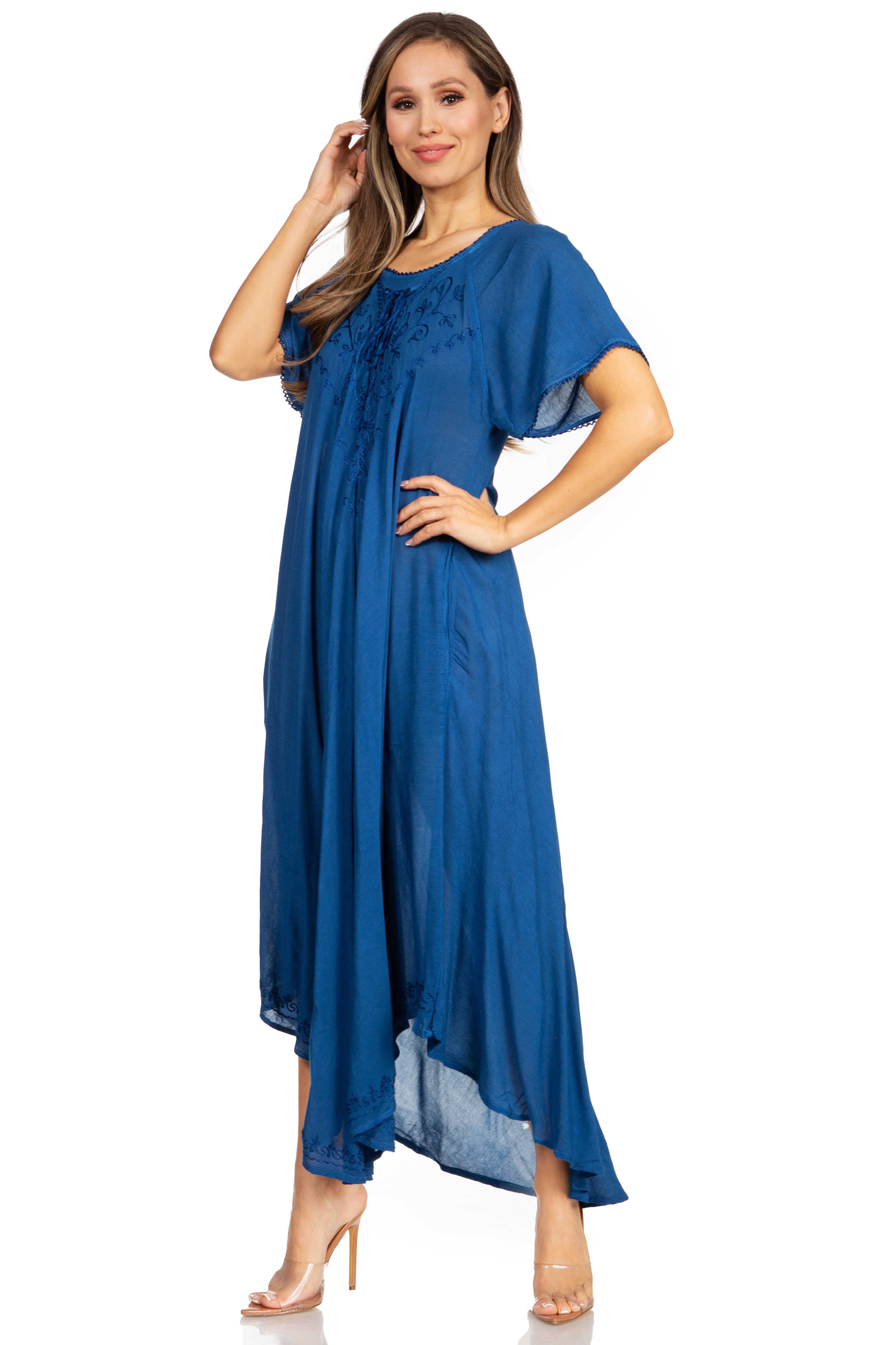 Woman wearing a blue dress on a white background