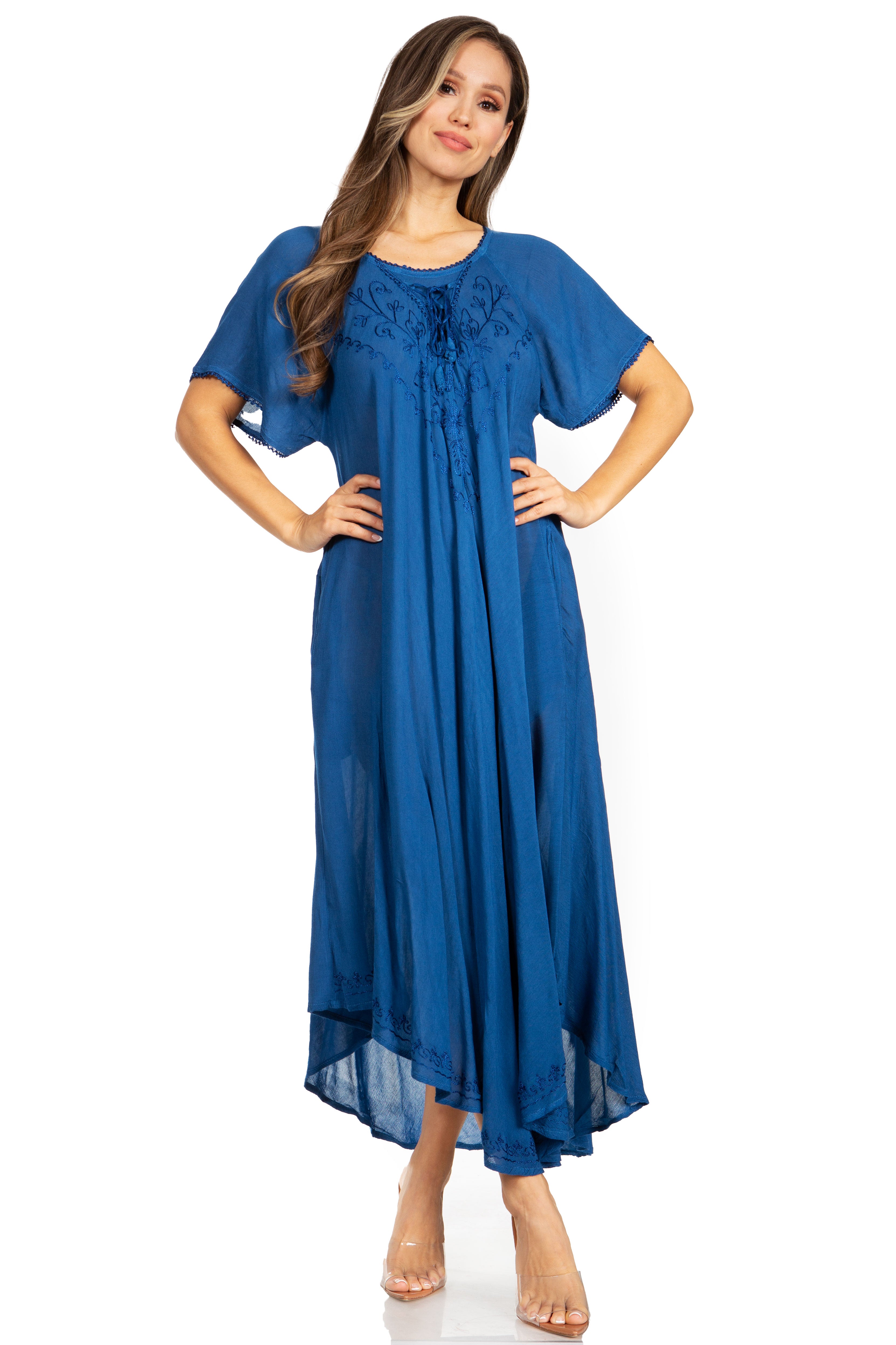 Woman wearing a blue dress on a white background