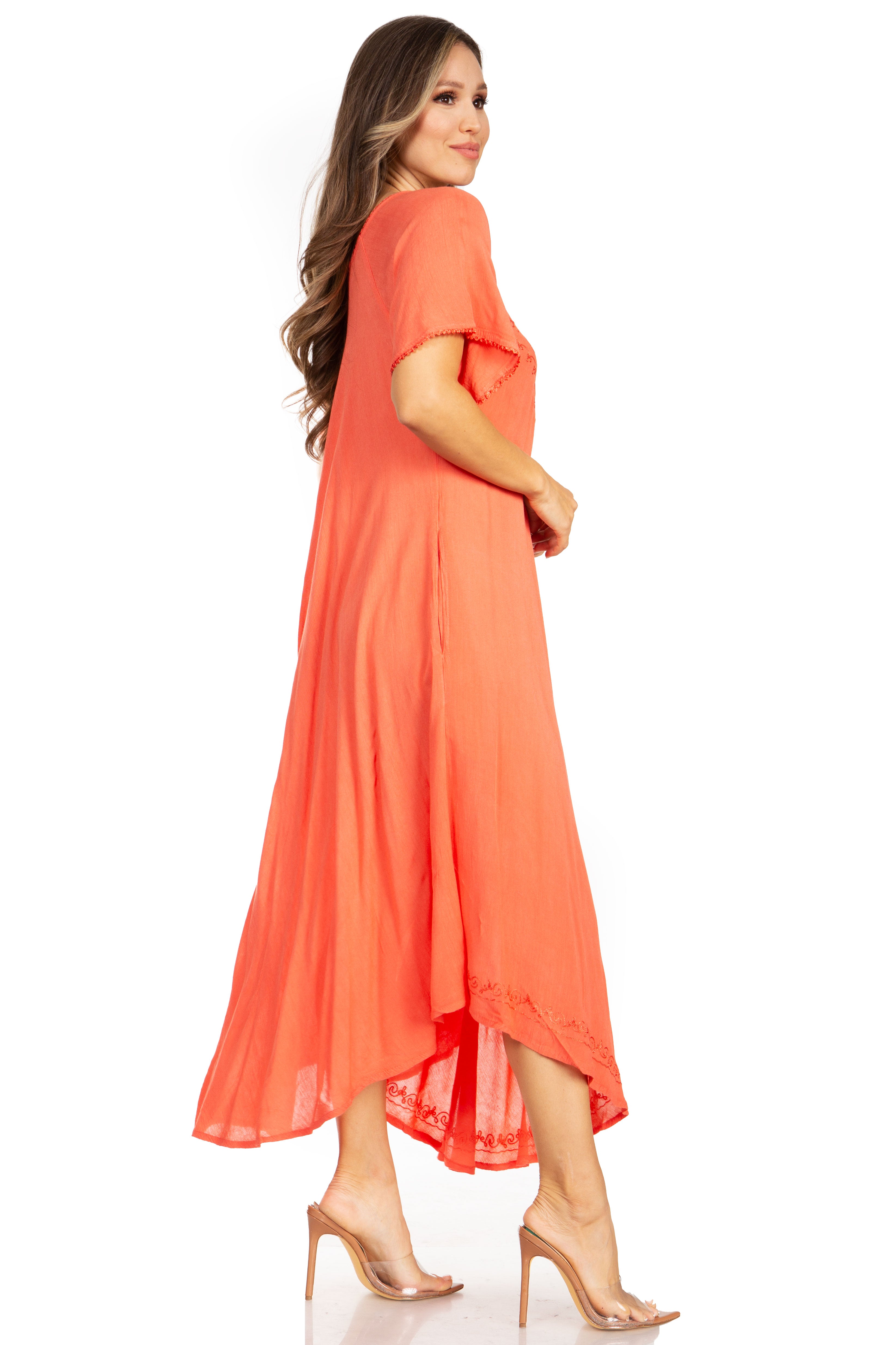 Woman wearing an orange dress on a white background