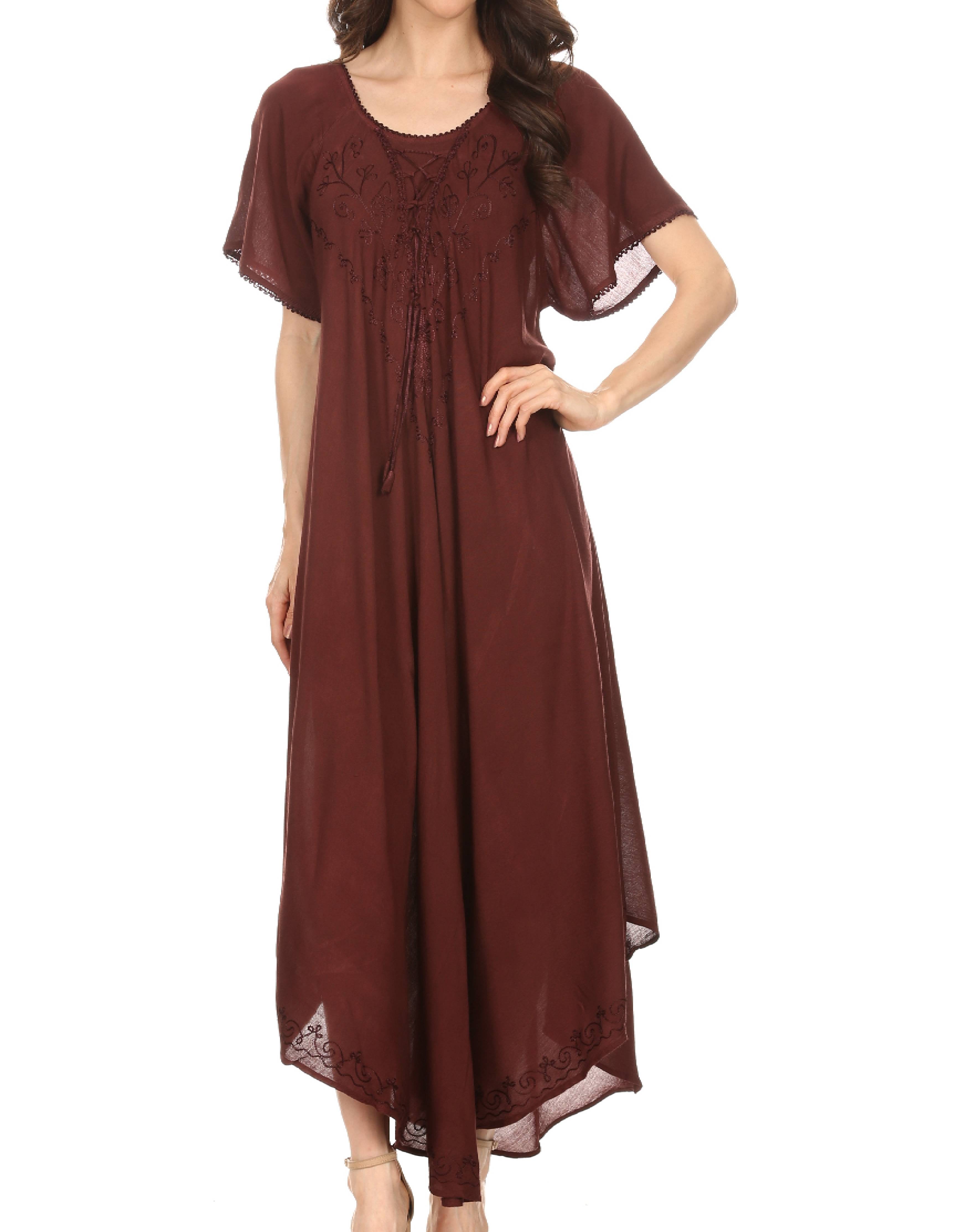 Woman wearing a brown dress with short sleeves on a white background
