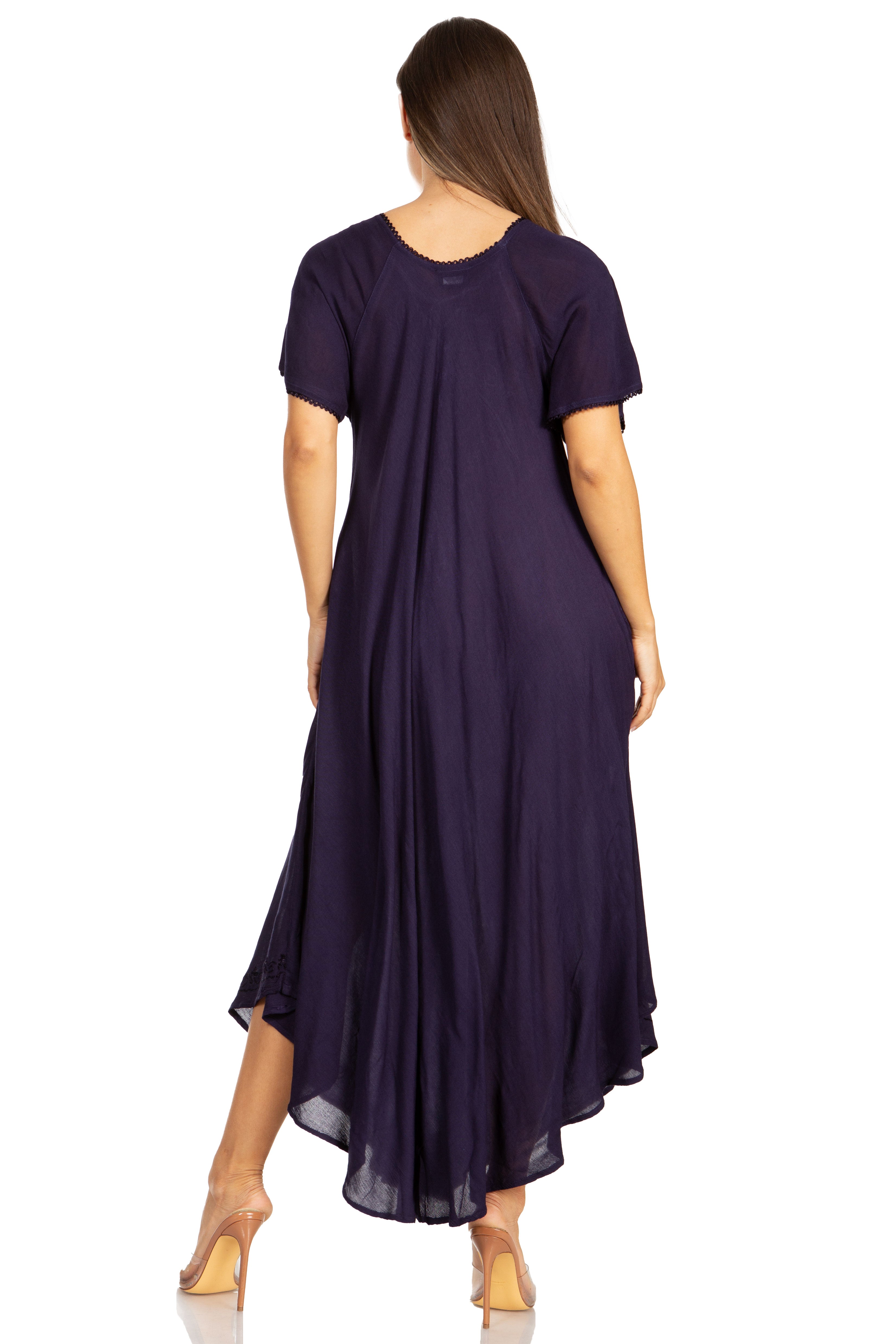 Woman wearing a long purple dress on a white background