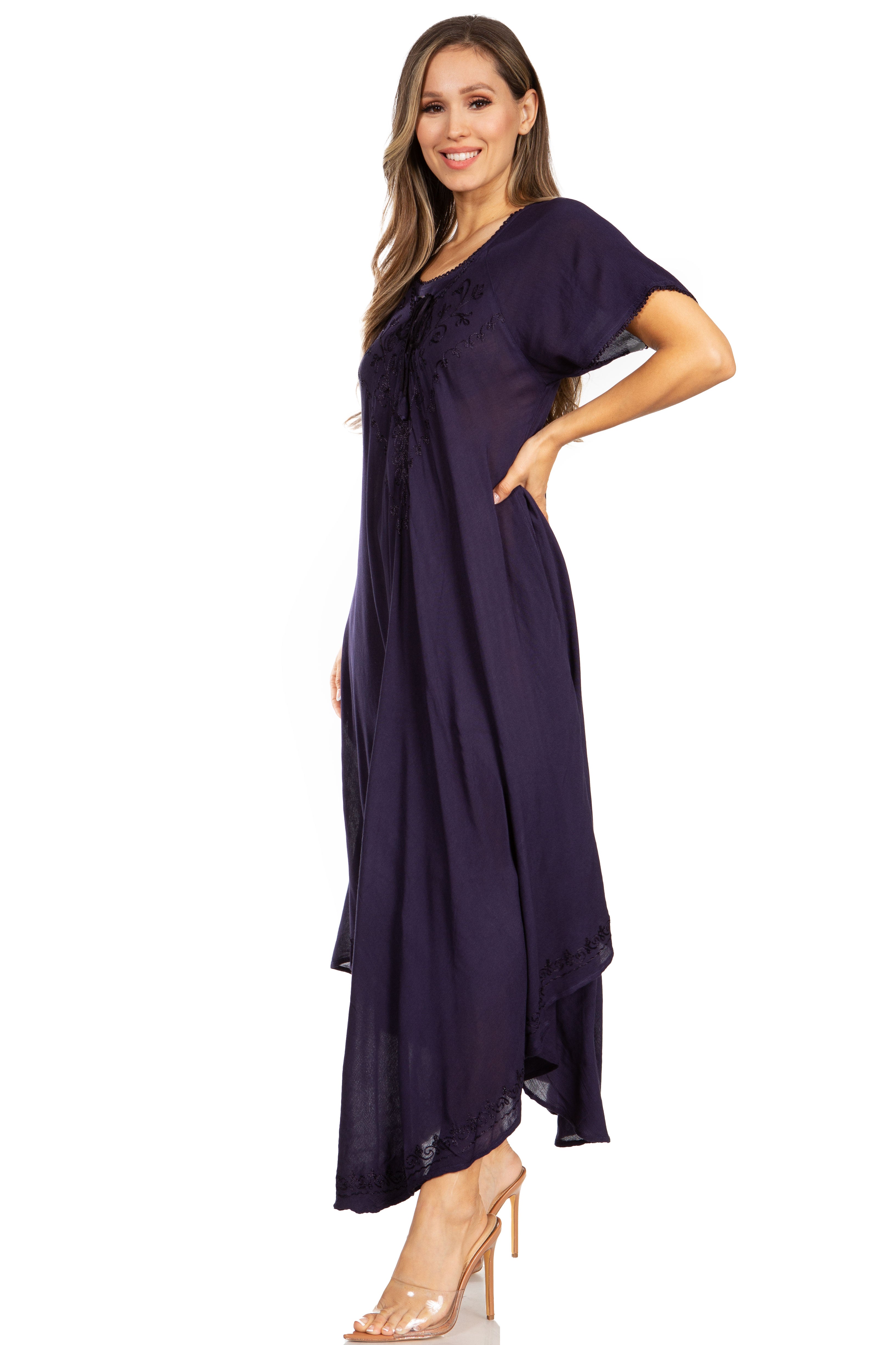 Woman wearing a purple dress on a white background