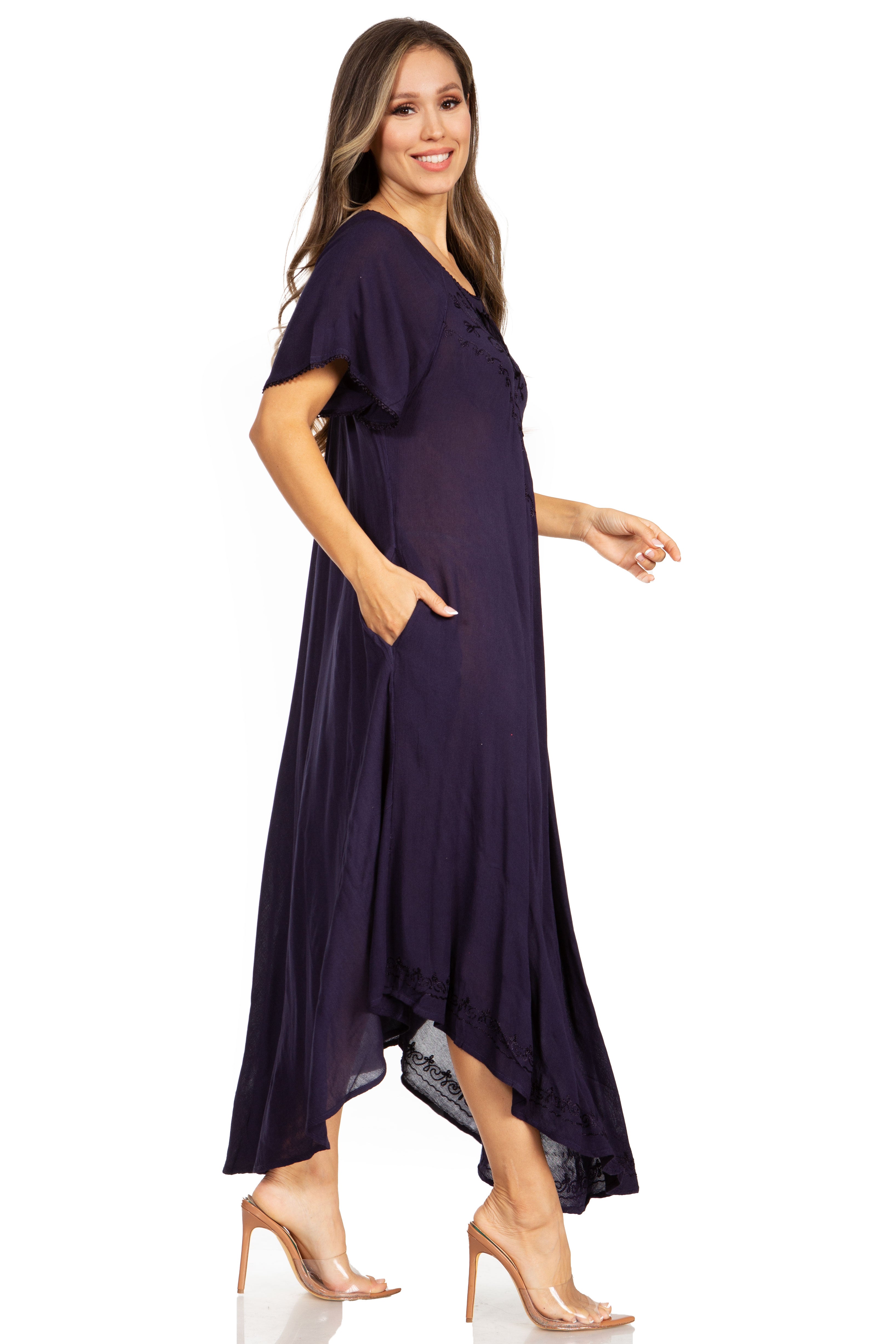 Woman wearing a purple dress on a white background