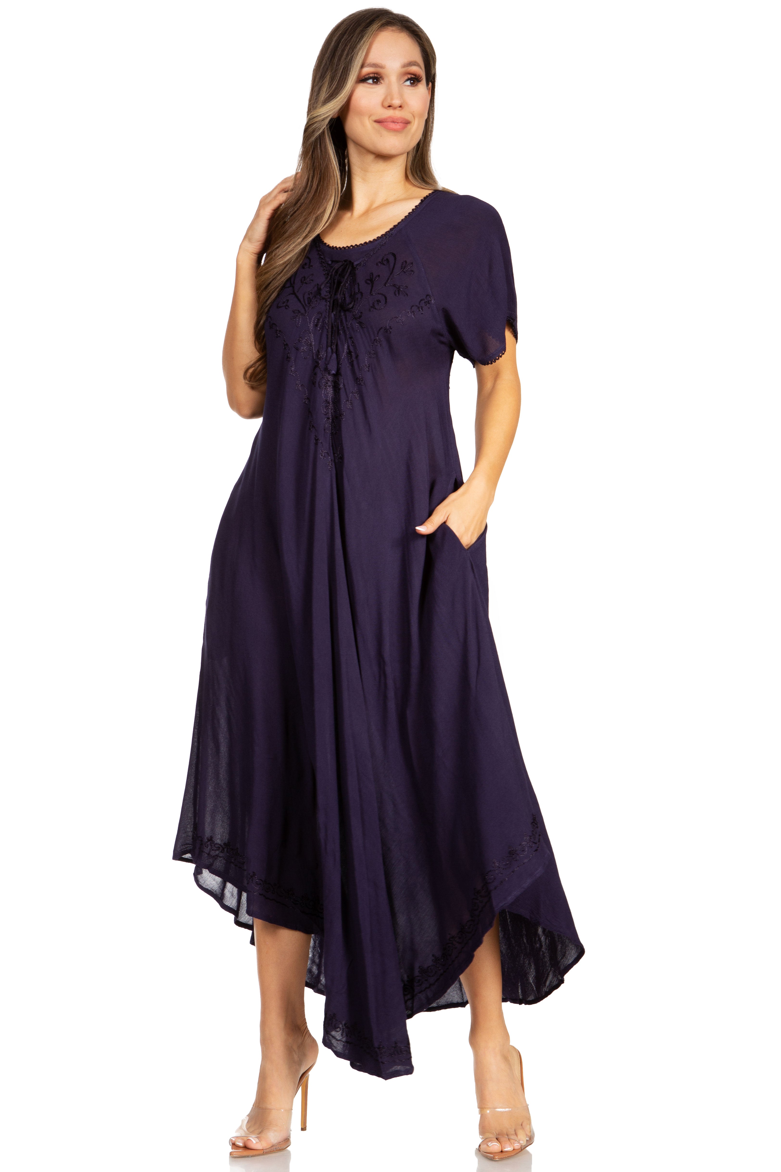 Woman wearing a purple dress on a white background