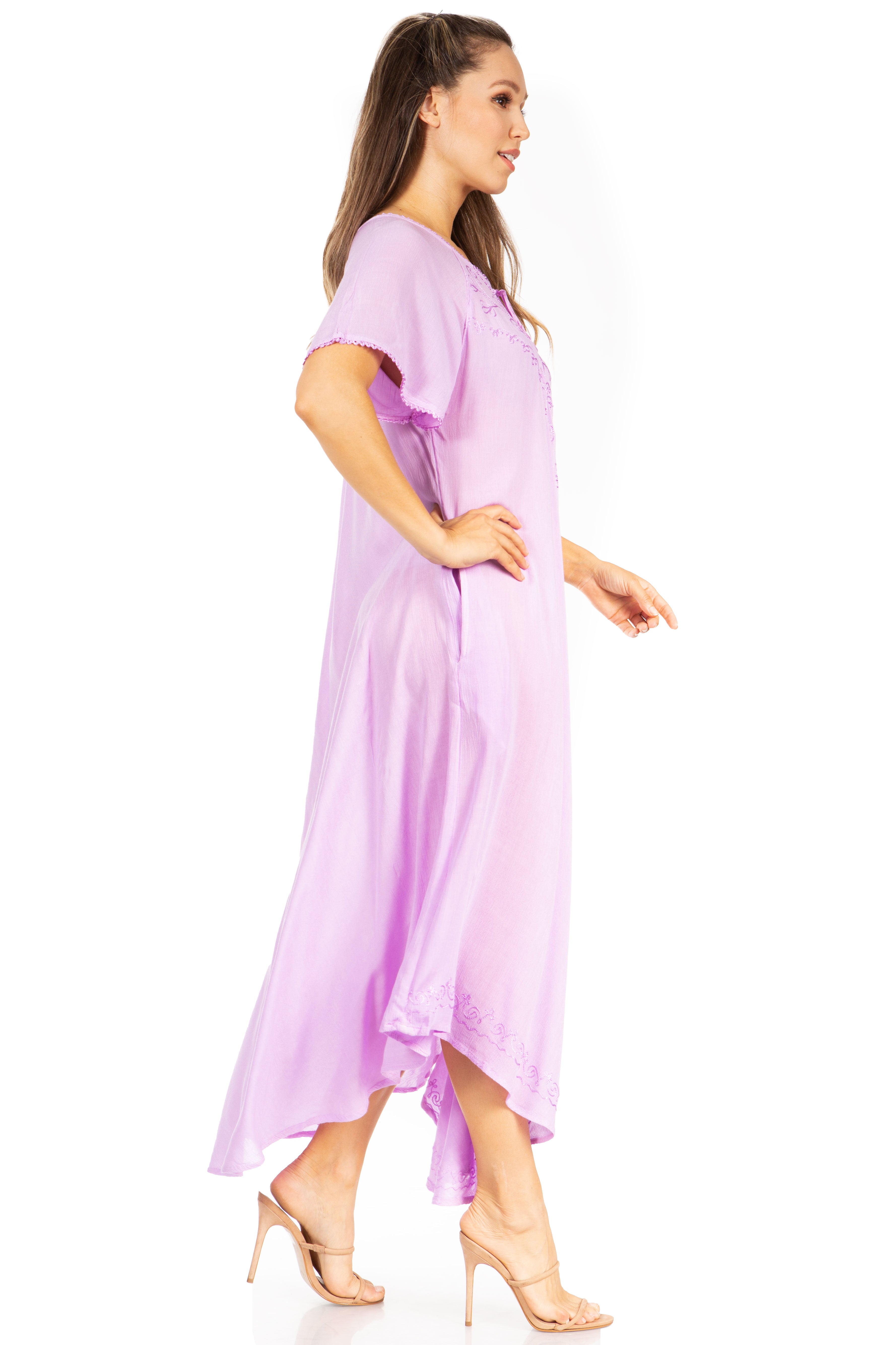 Woman wearing a purple dress on a white background