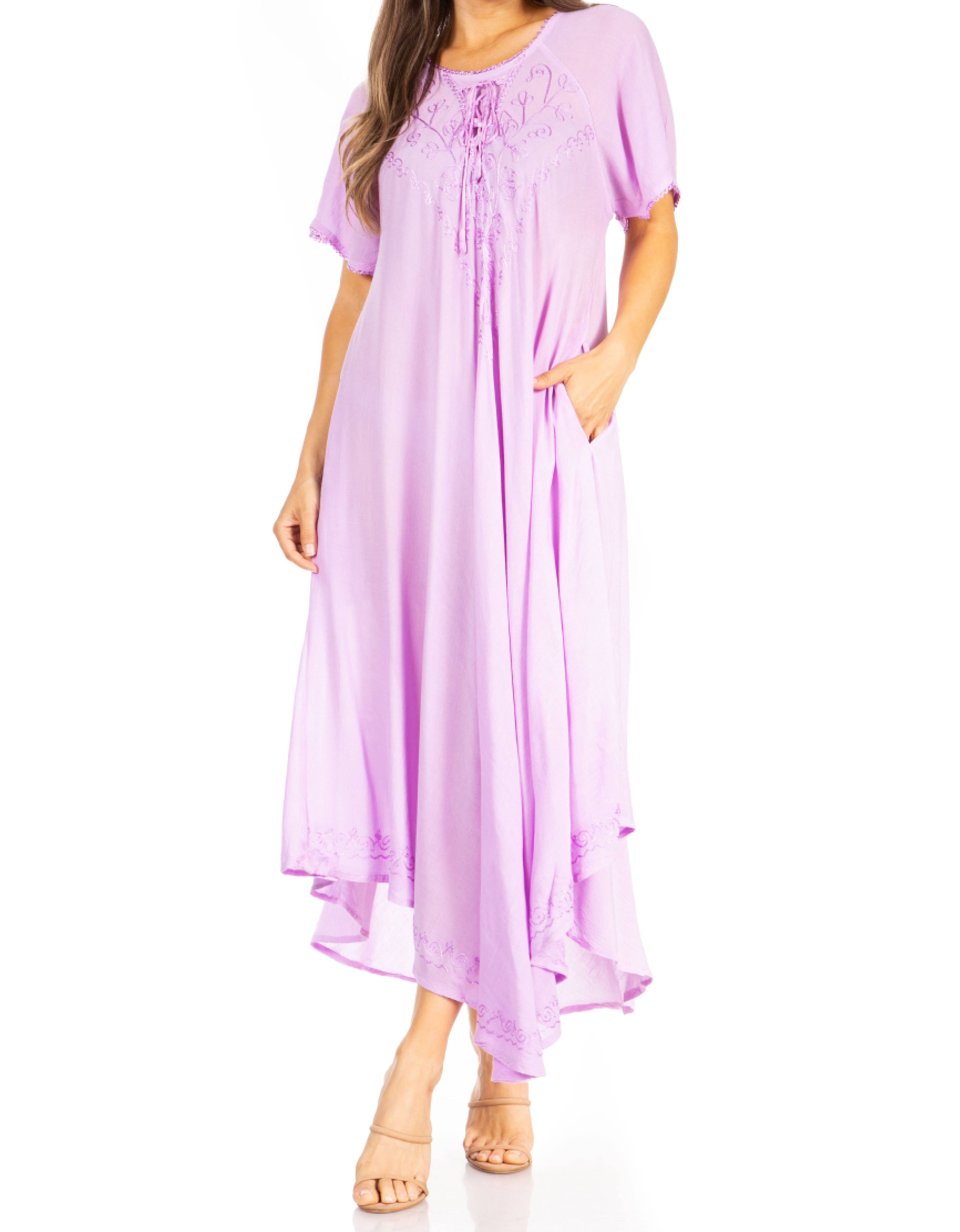 Woman wearing a purple dress on a white background