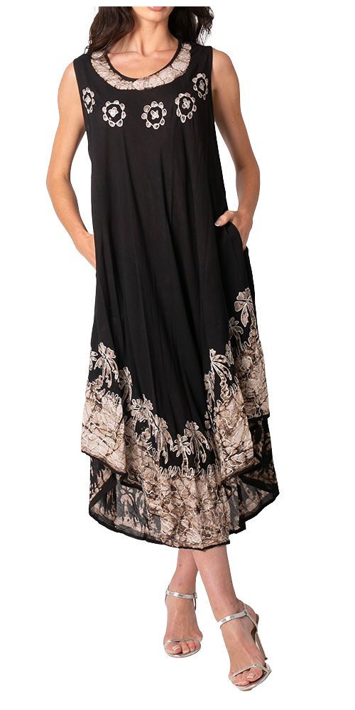 Black dress with floral patterns on a white background
