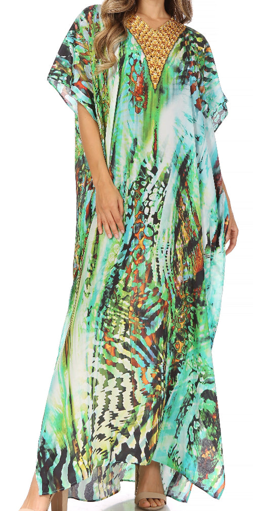 Woman wearing a colorful patterned dress on a white background
