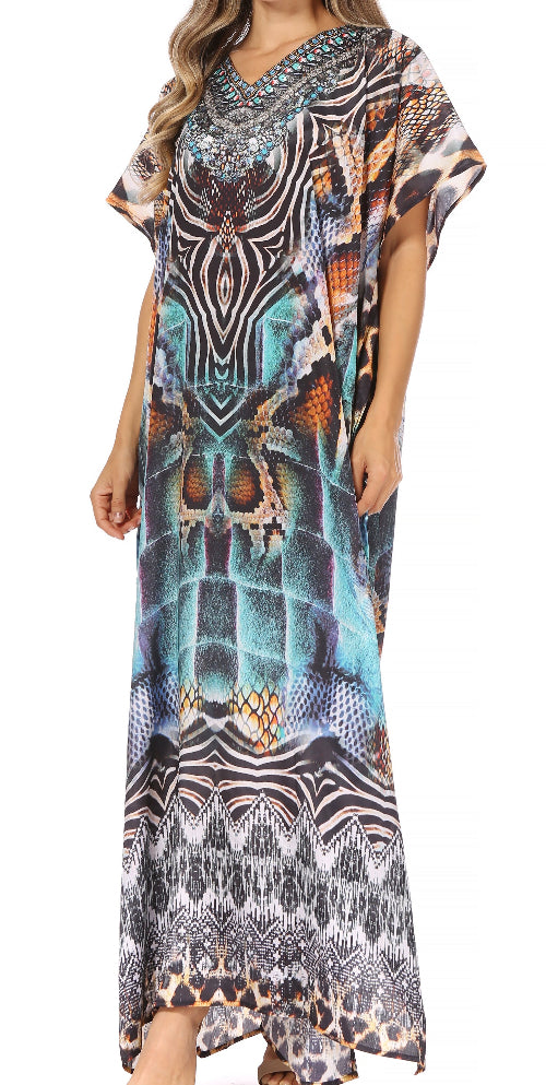 Long, patterned dress worn by a person on a white background