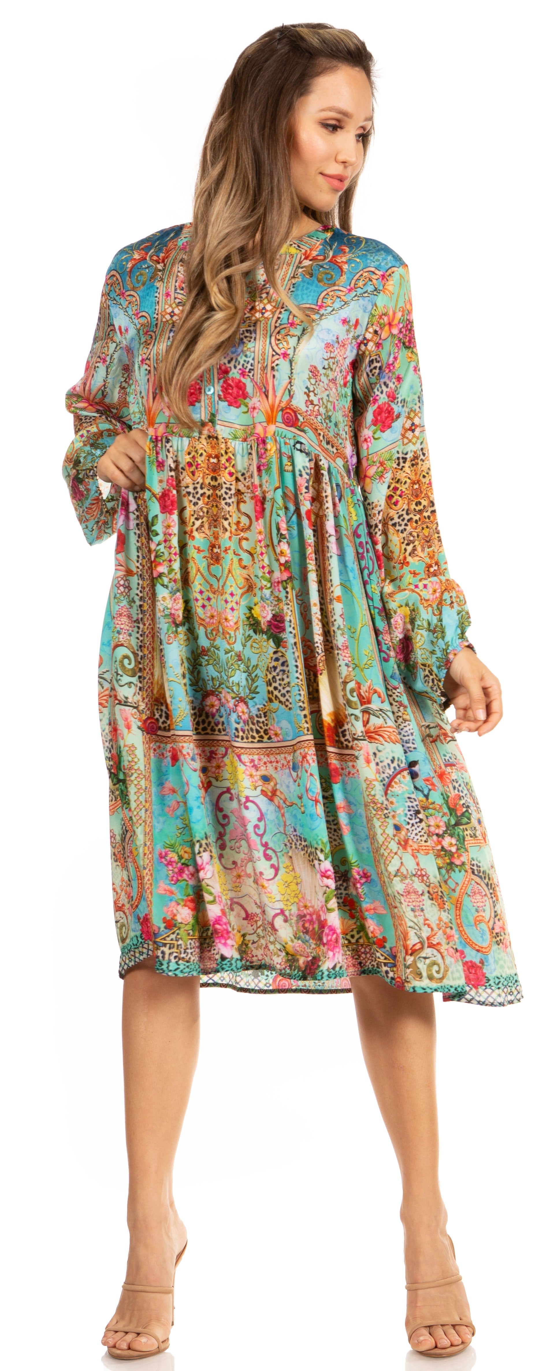 Woman wearing a colorful patterned dress on a white background