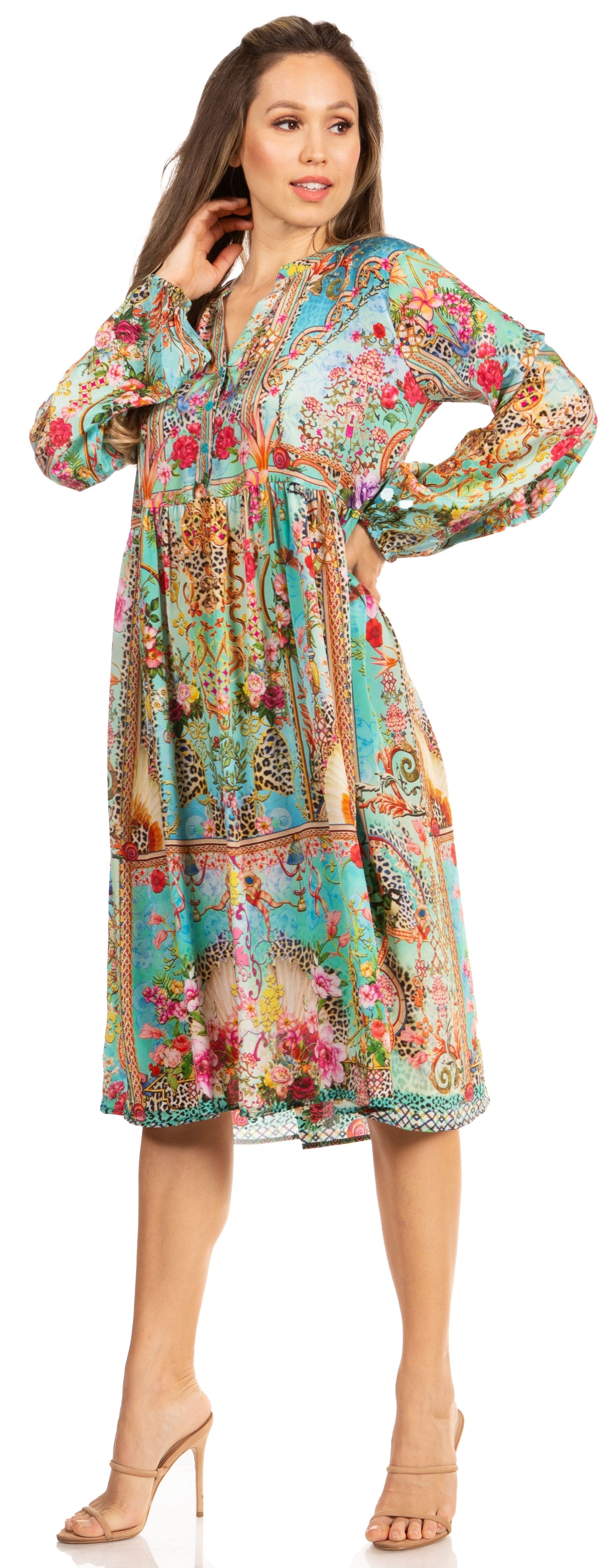 Woman wearing a colorful floral dress on a white background