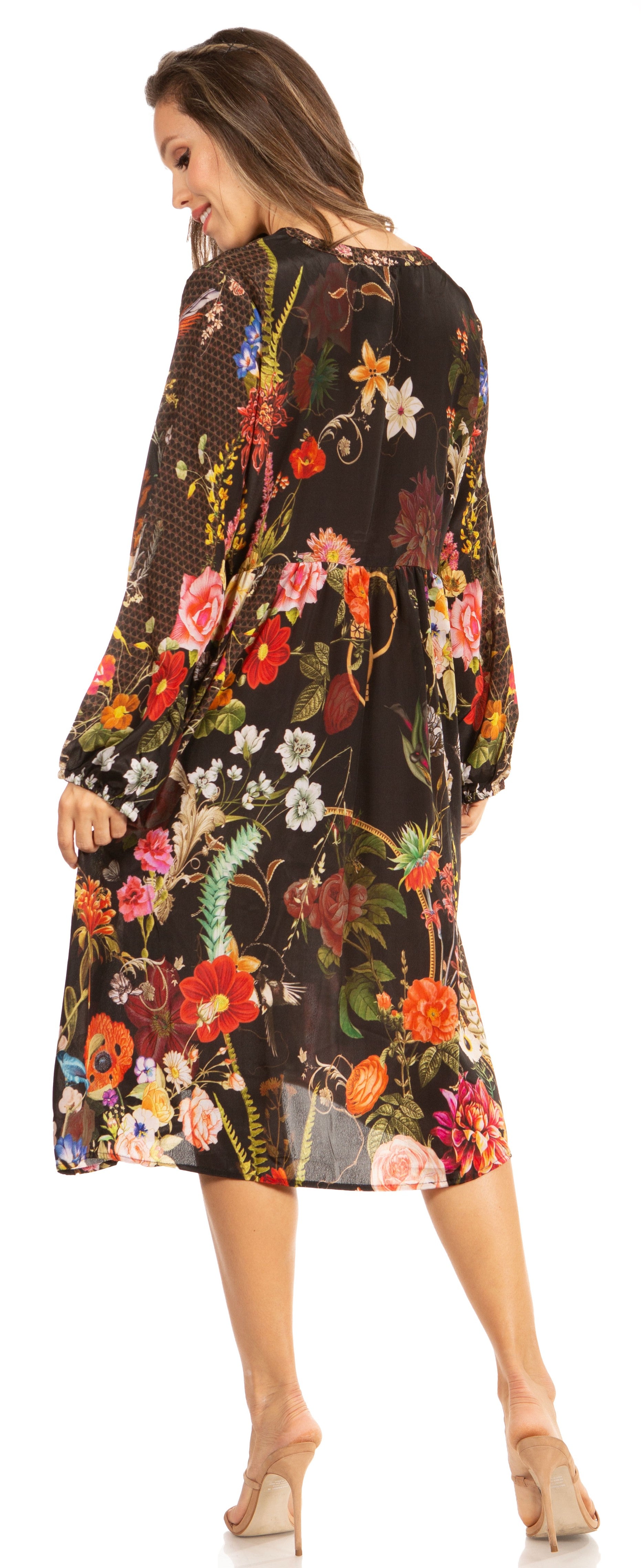 Woman wearing a floral dress on a white background
