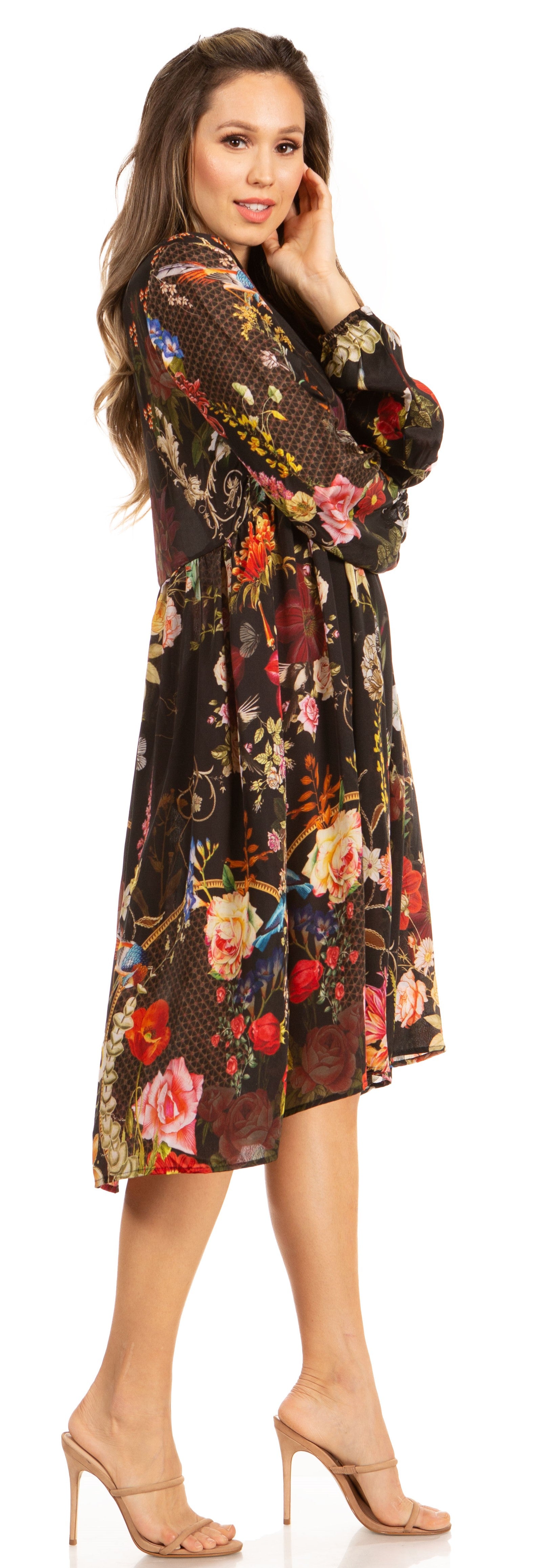 Woman wearing a floral dress on a white background