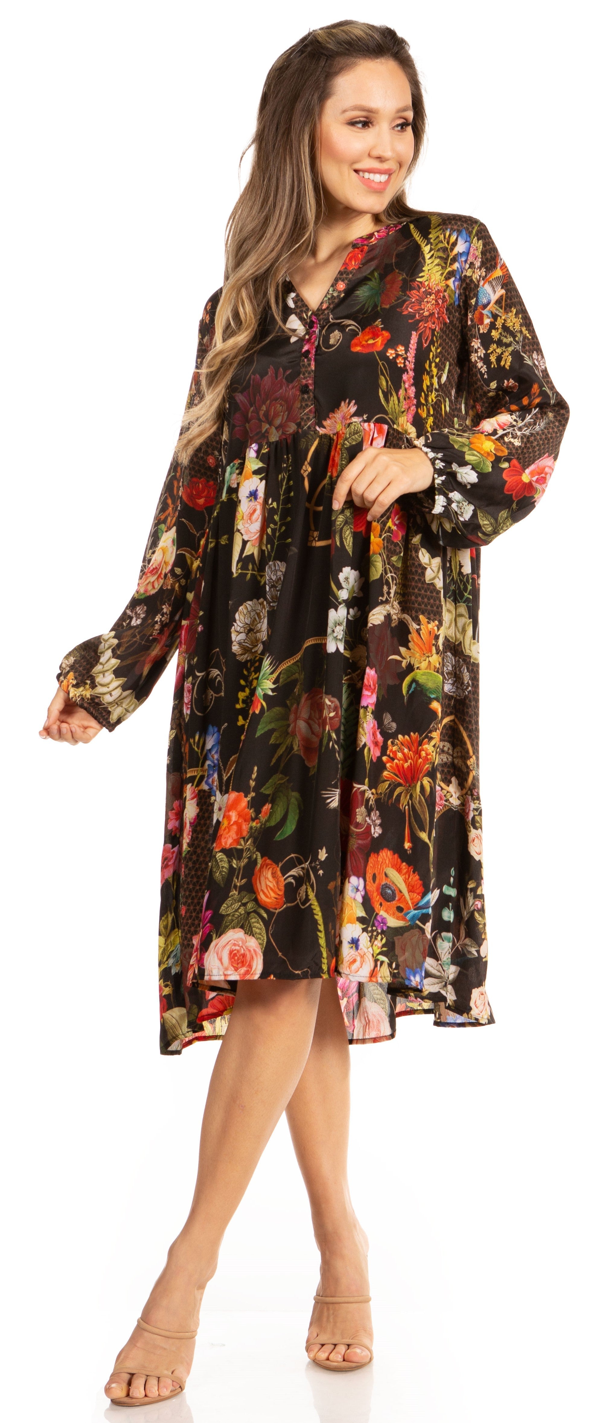Woman wearing a floral dress on a white background