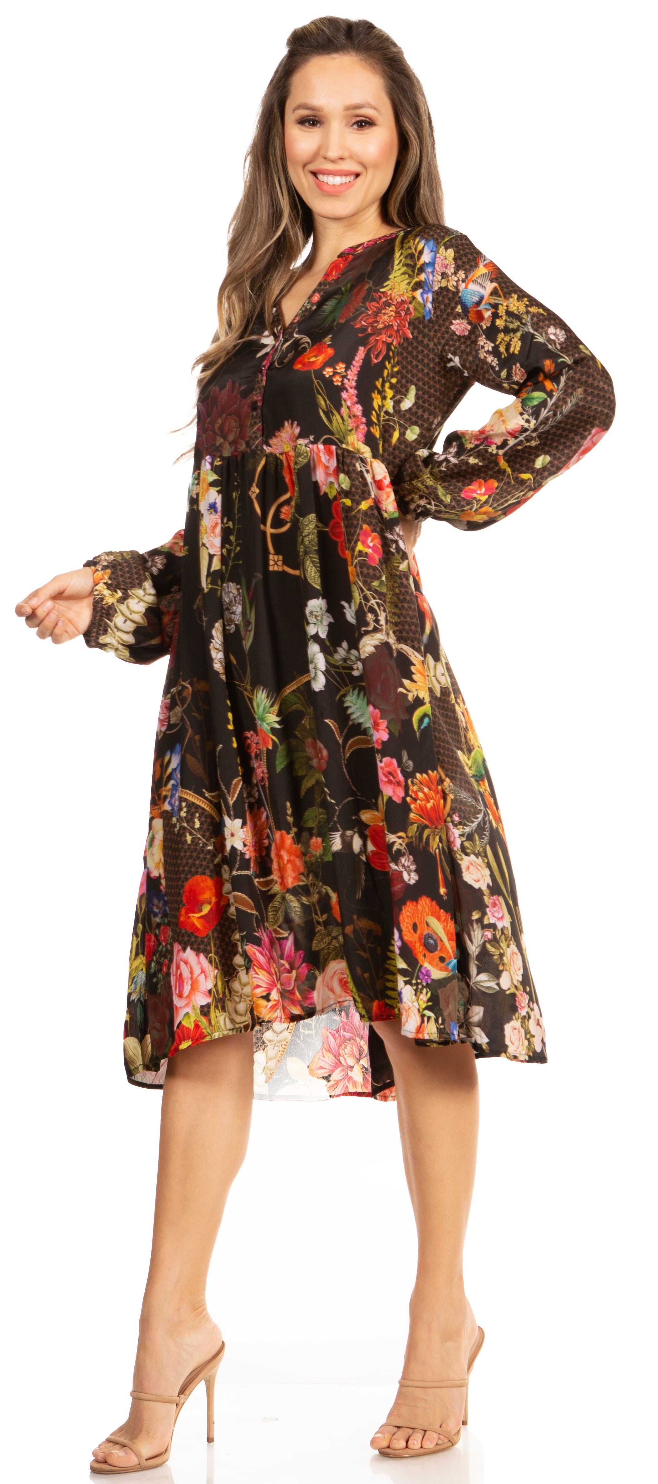 Woman wearing a floral dress on a white background