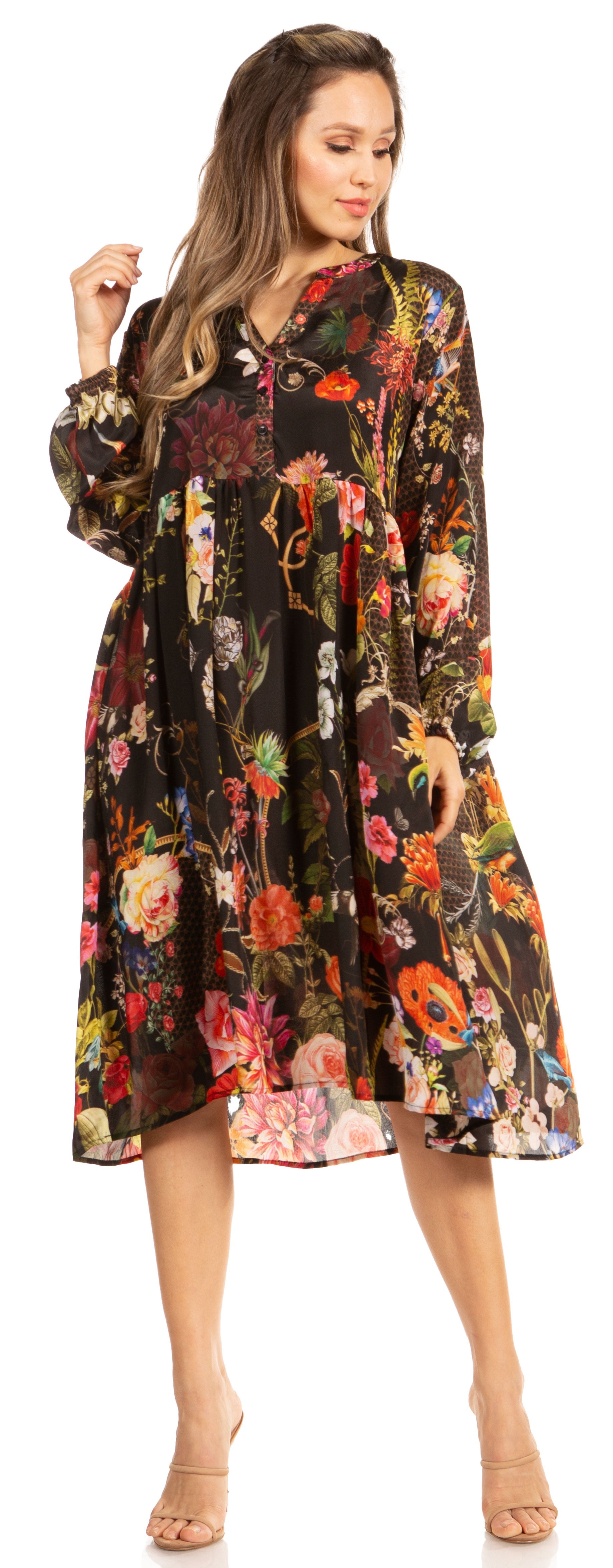 Woman wearing a floral dress with a black background