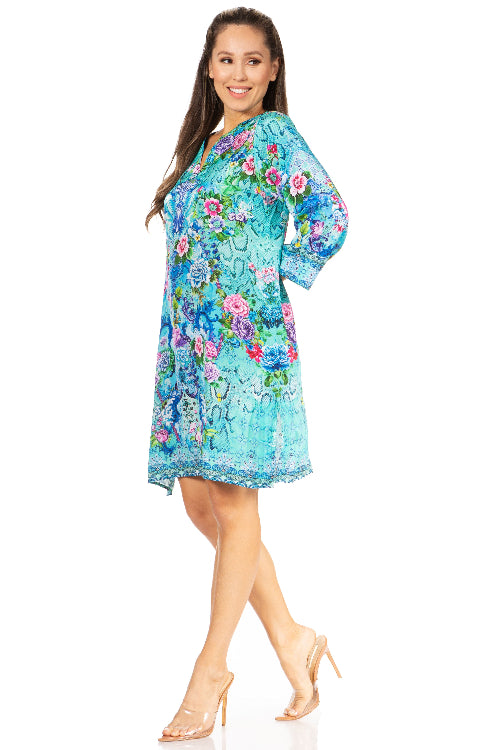 Woman wearing a floral dress on a white background