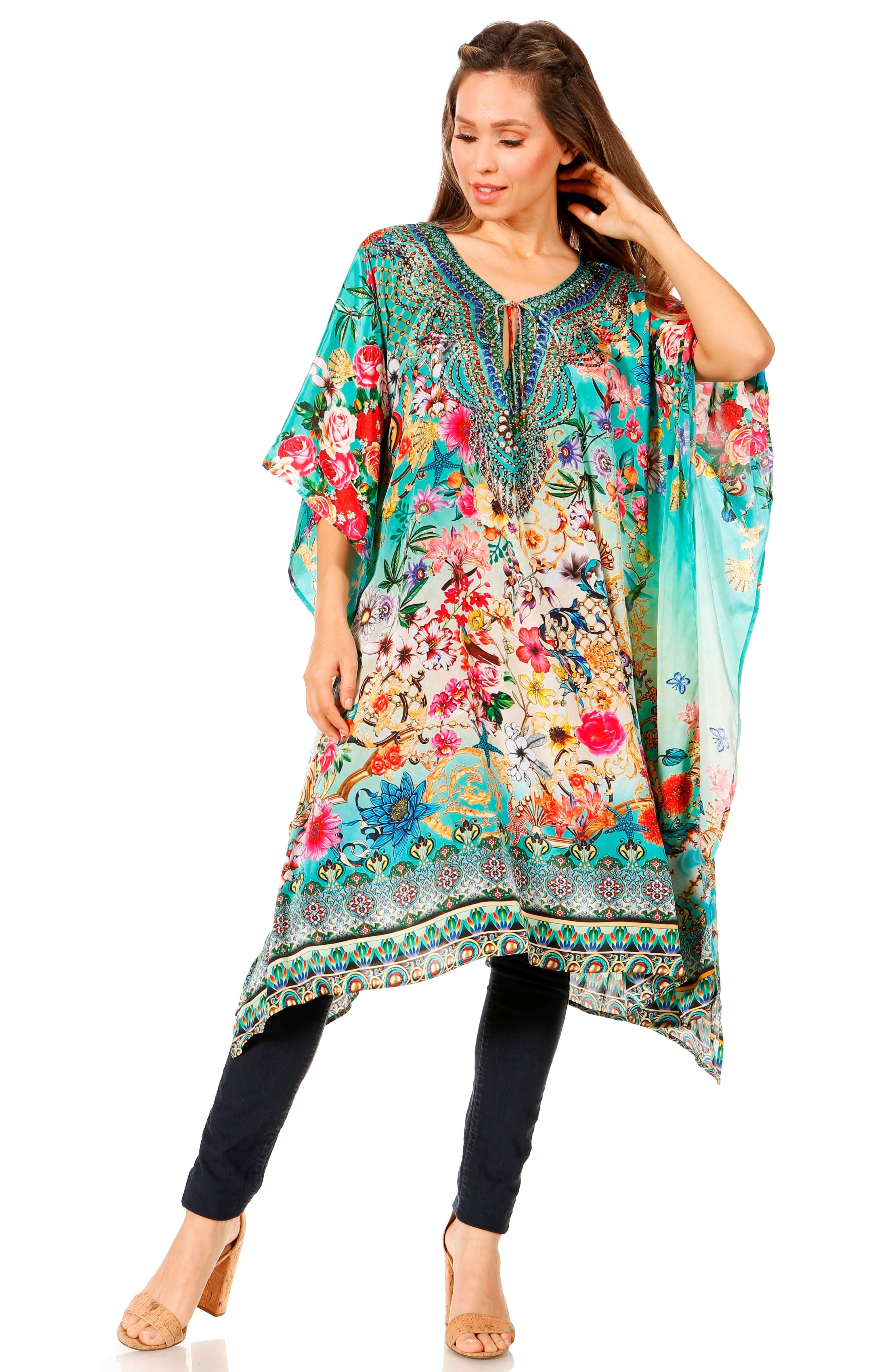 Woman wearing a colorful floral dress with a white background