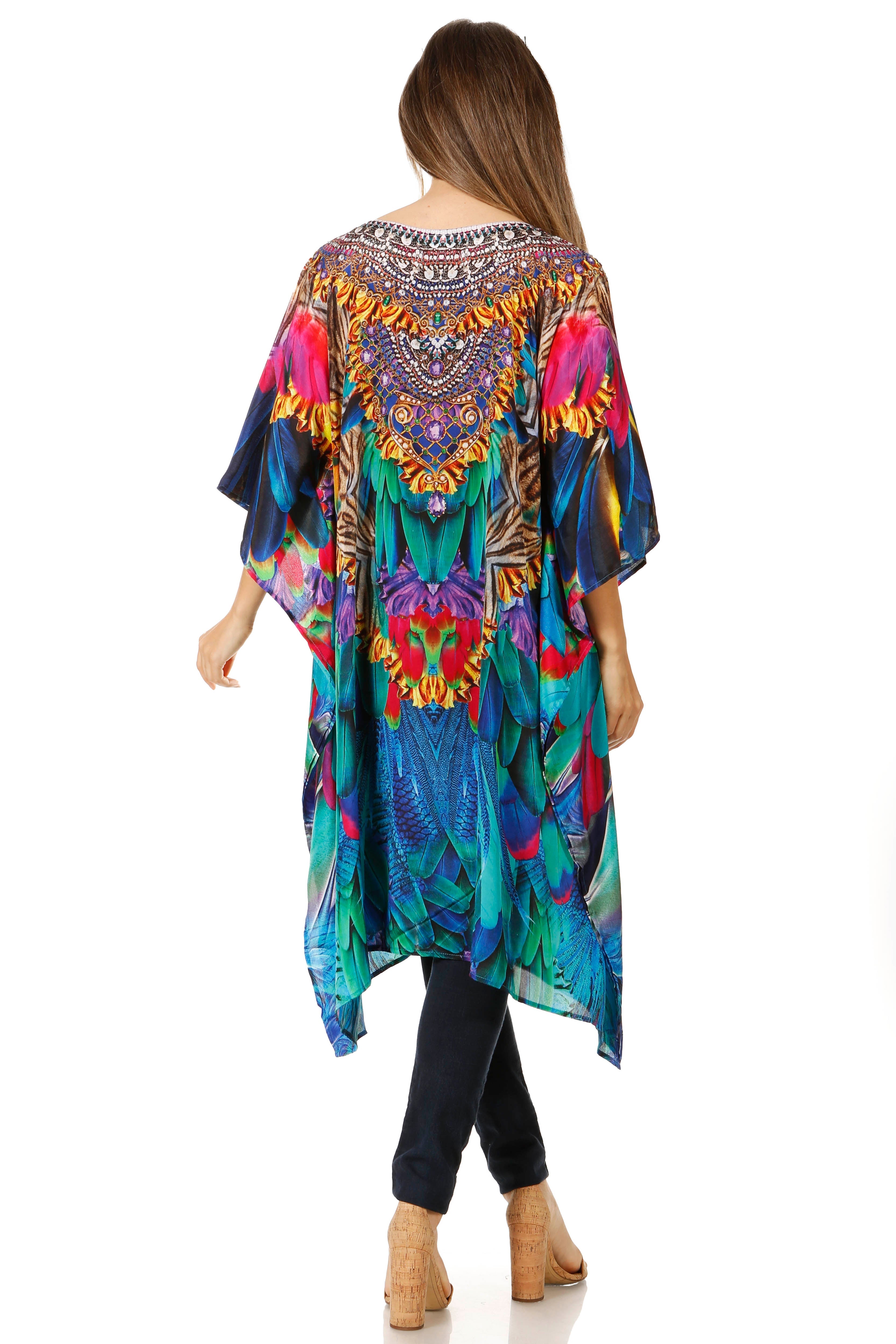 Woman wearing a colorful patterned kimono-style garment on a white background