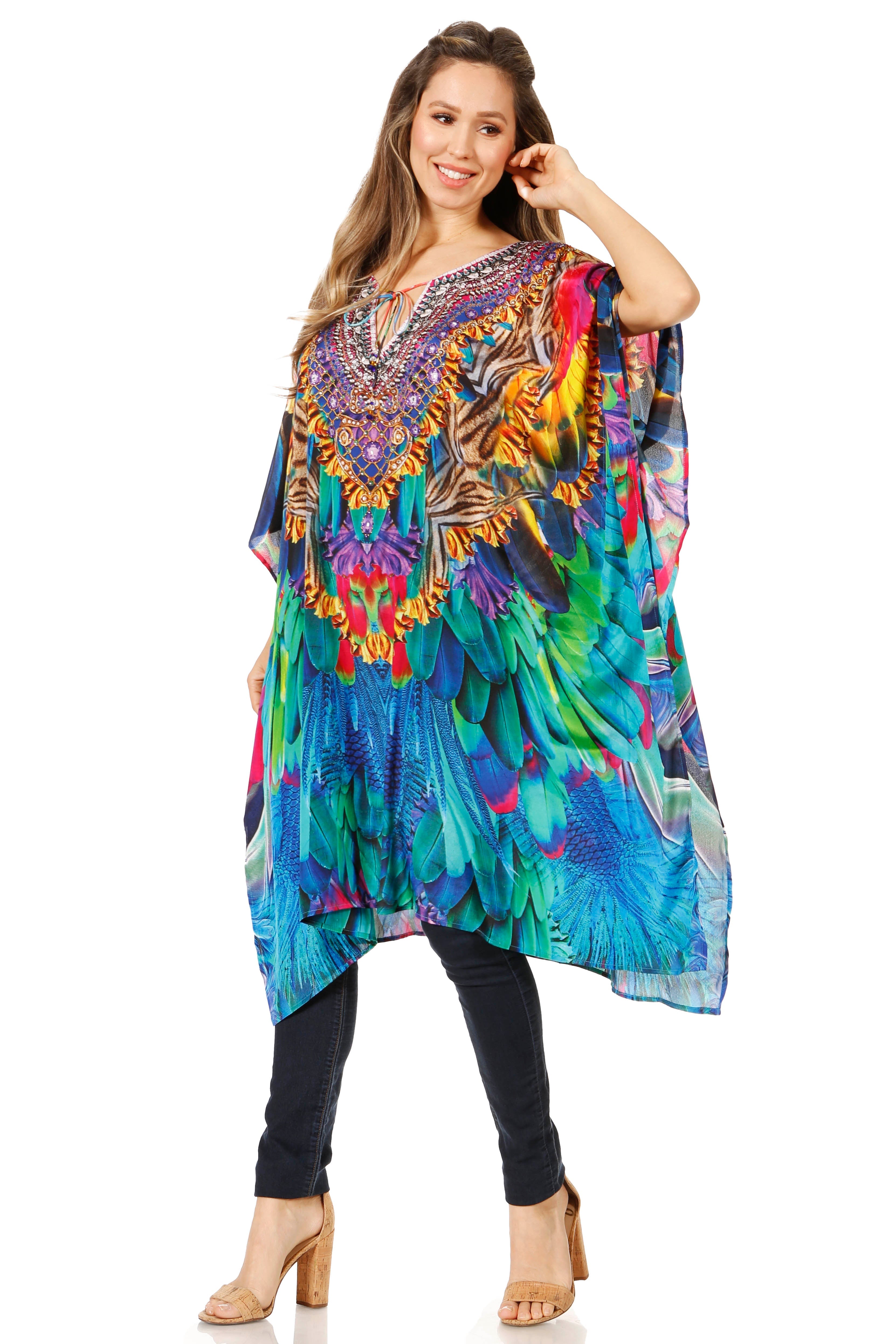 Woman wearing a colorful patterned dress on a white background