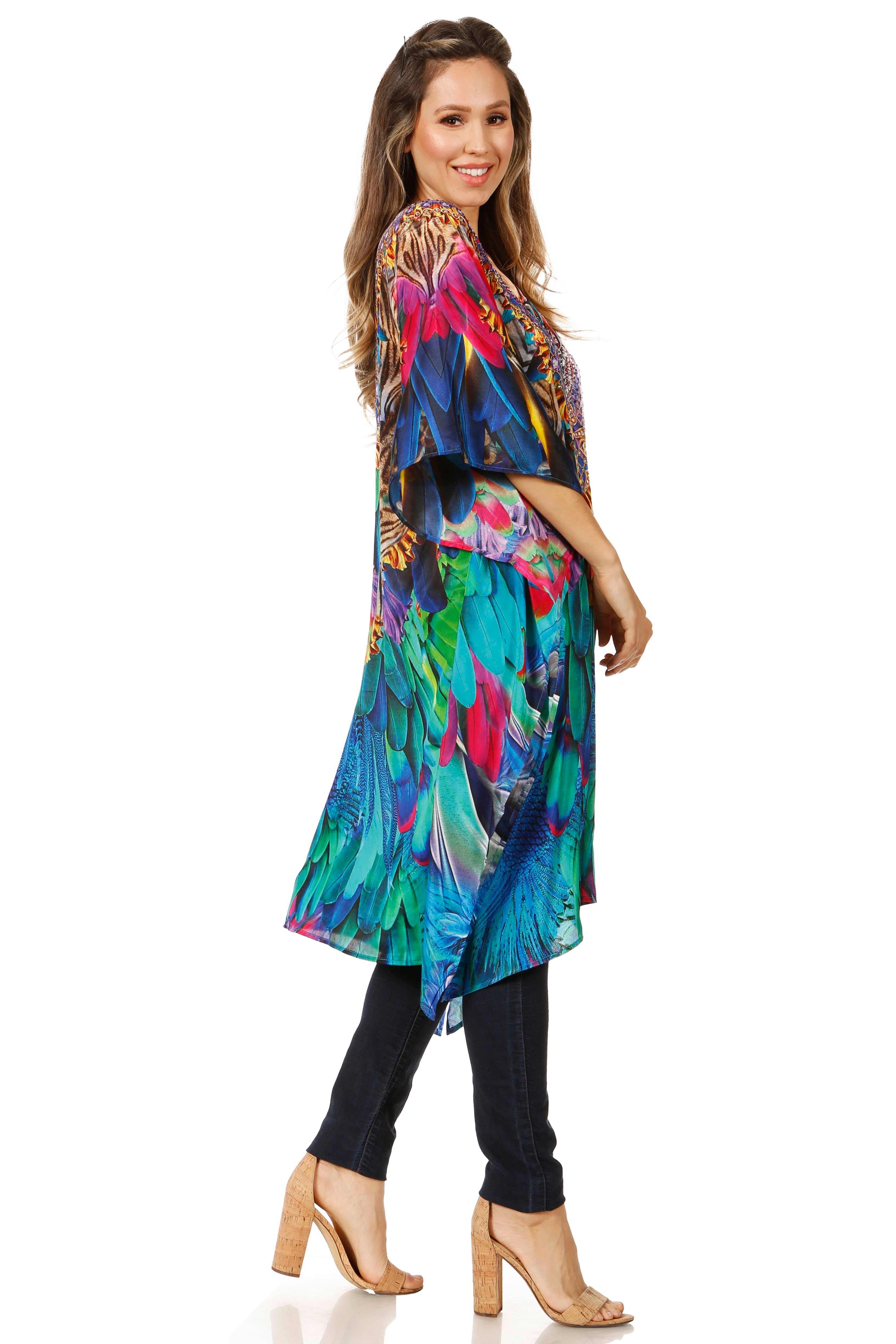 Woman wearing a colorful kimono-style garment on a white background