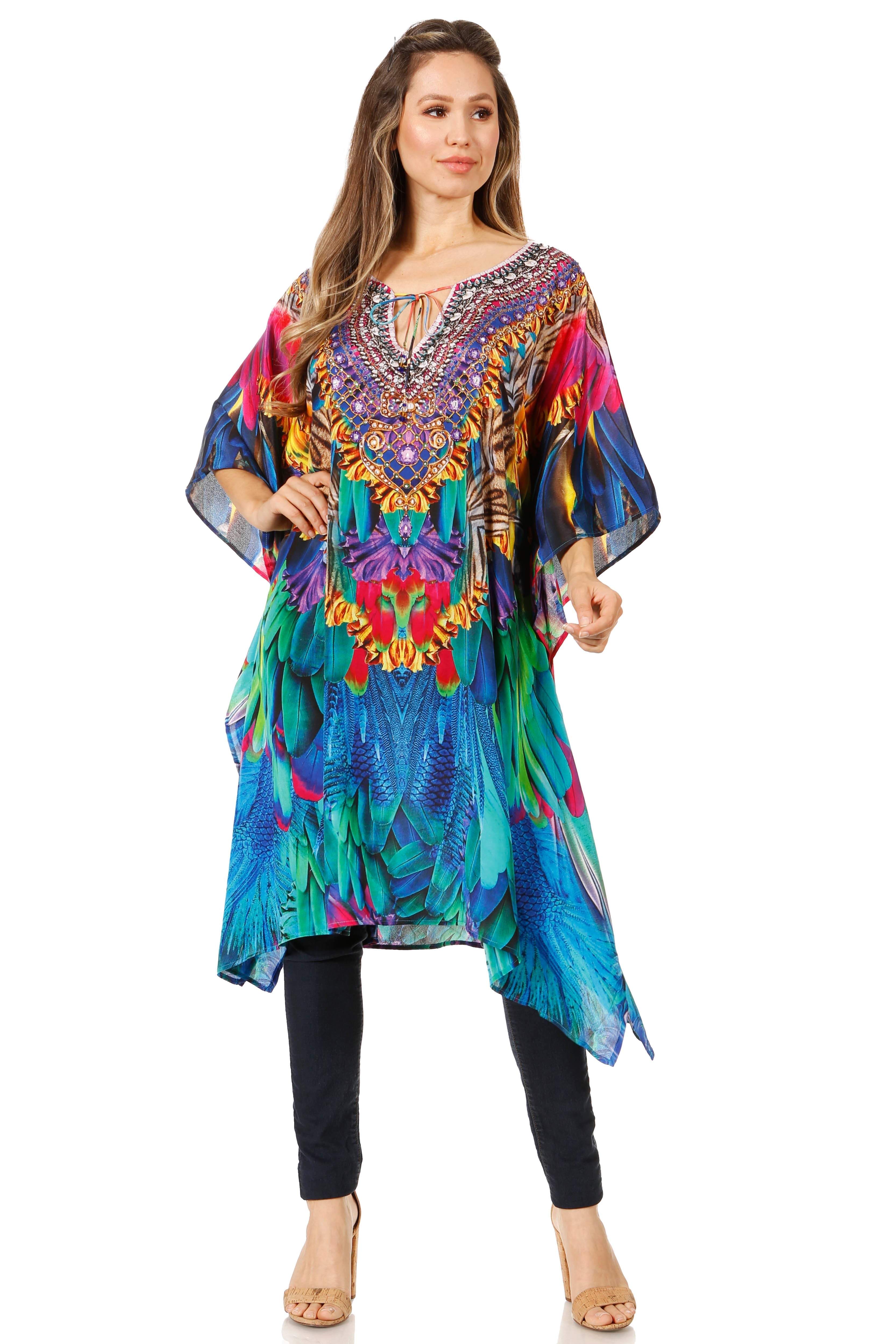 Woman wearing a colorful, patterned dress on a white background