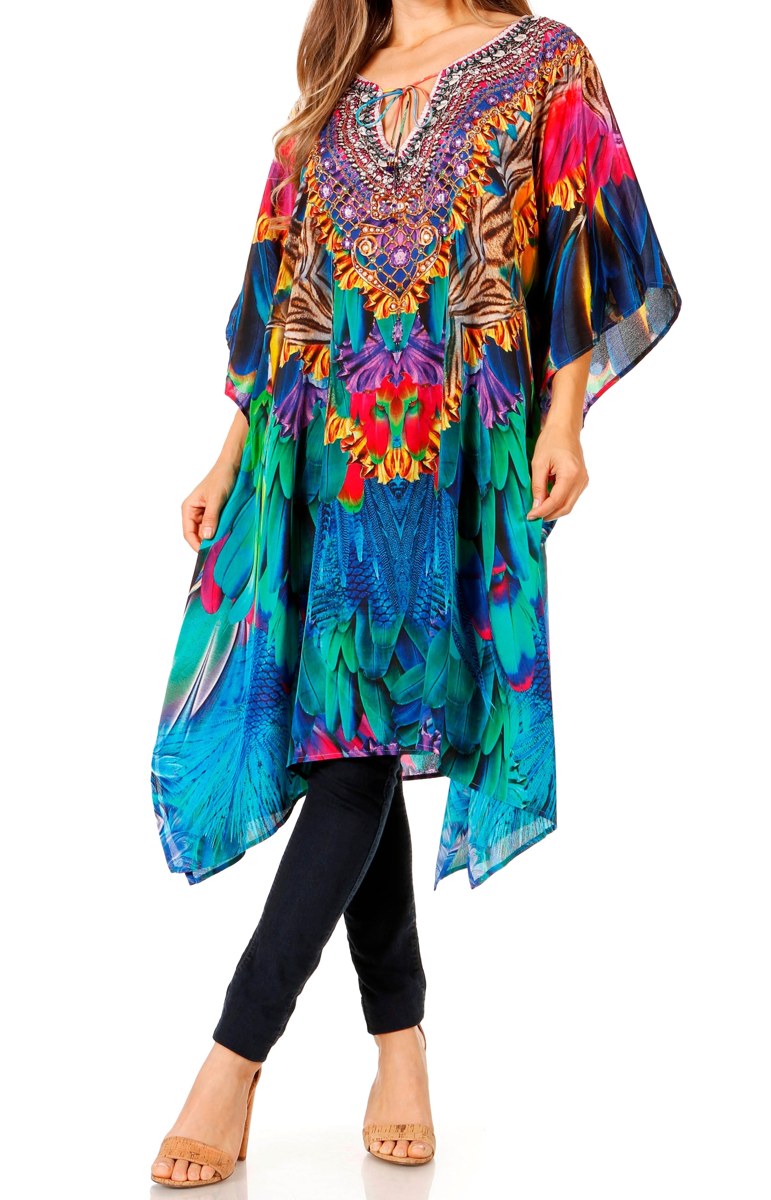 Colorful patterned dress worn by a model on a white background