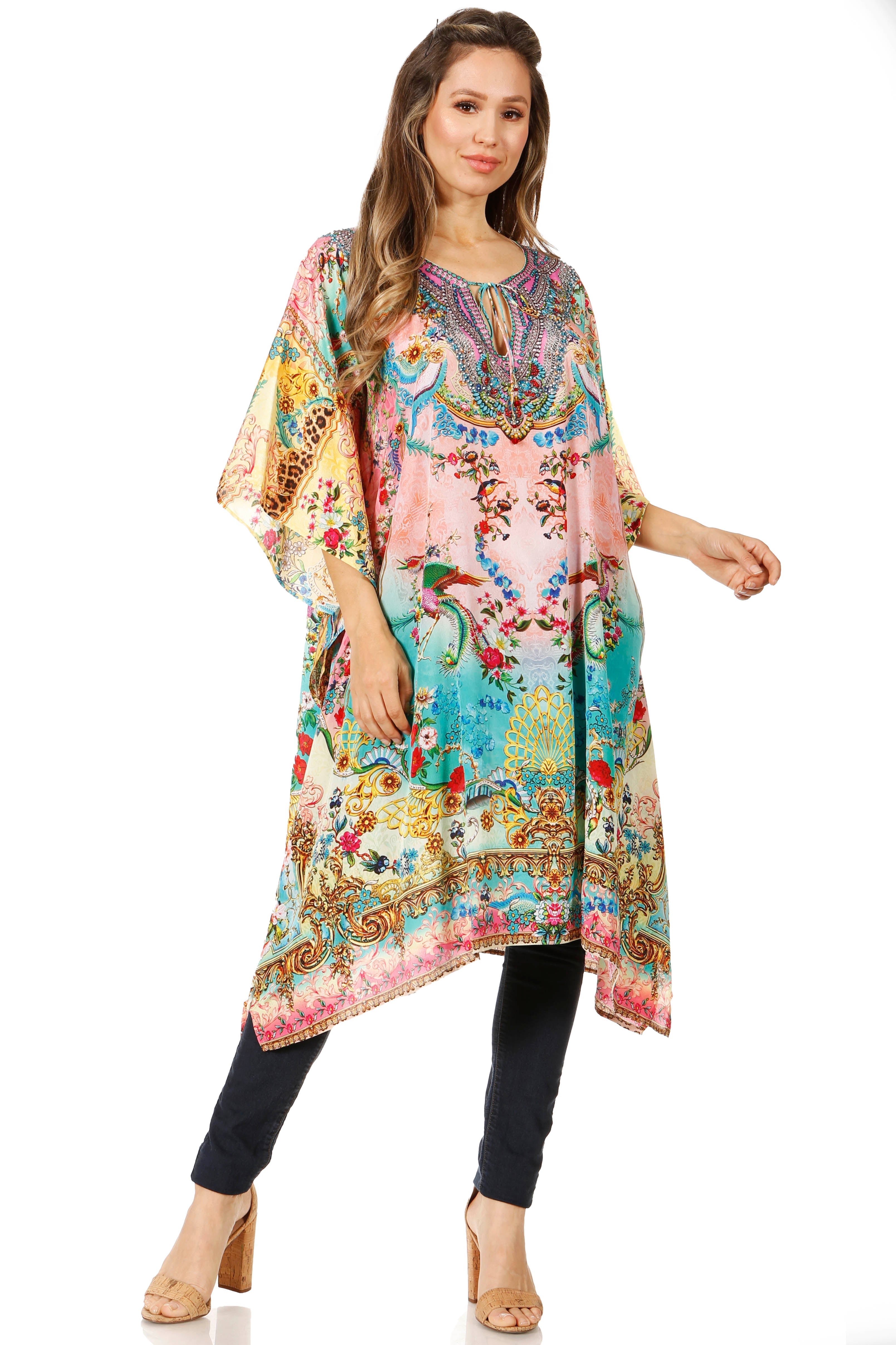 Woman wearing a colorful floral dress on a white background