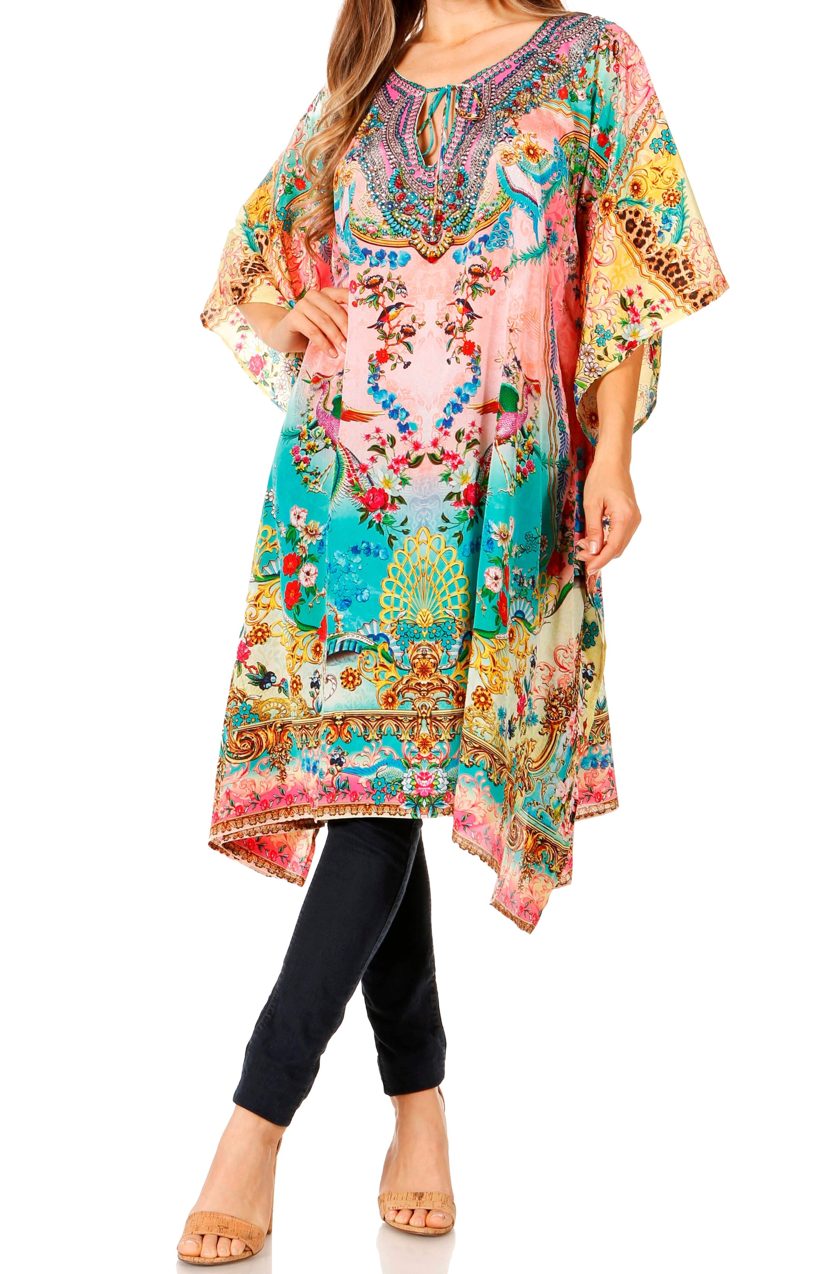 Woman wearing a colorful floral dress with a white background