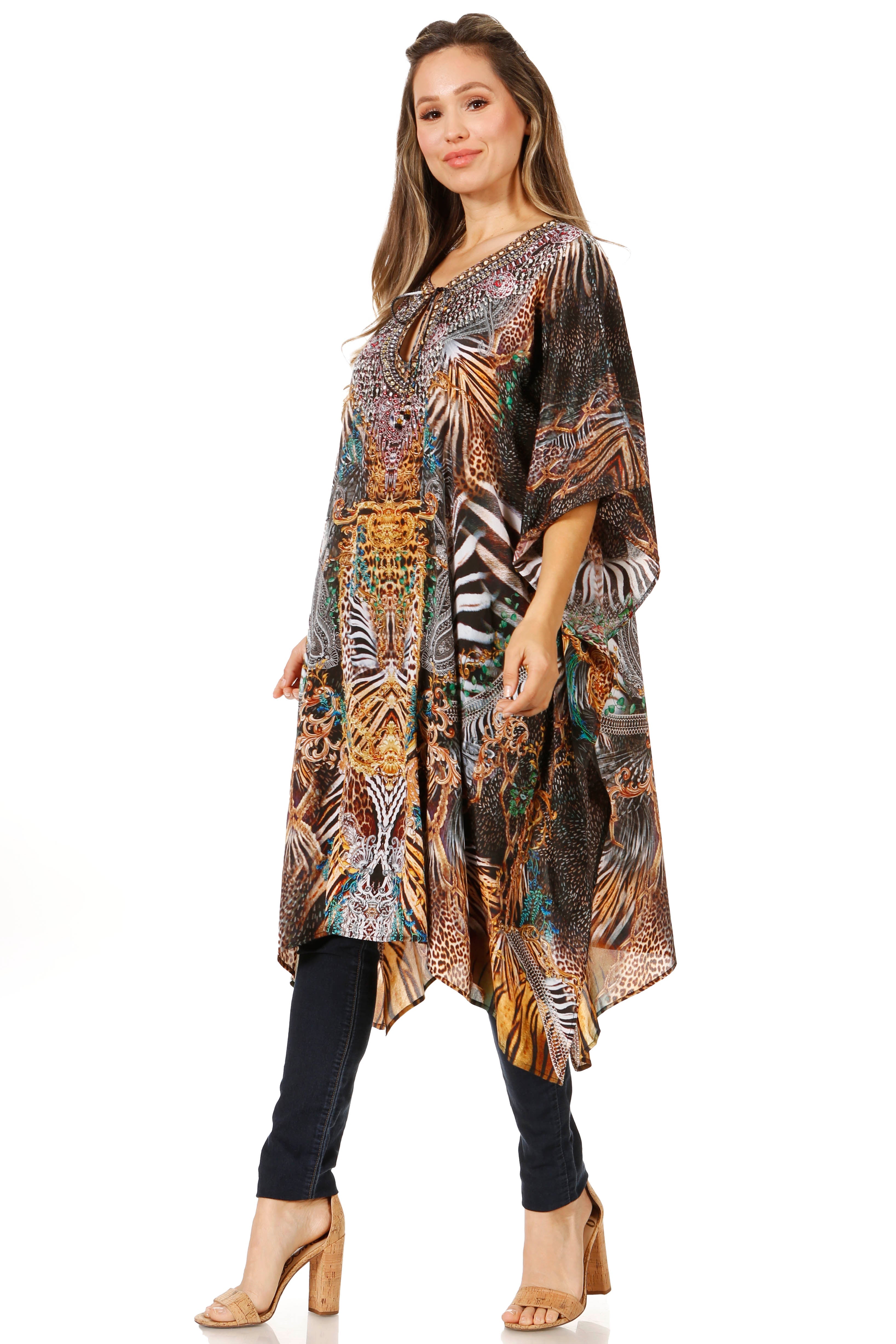 Woman wearing a patterned long dress on a white background