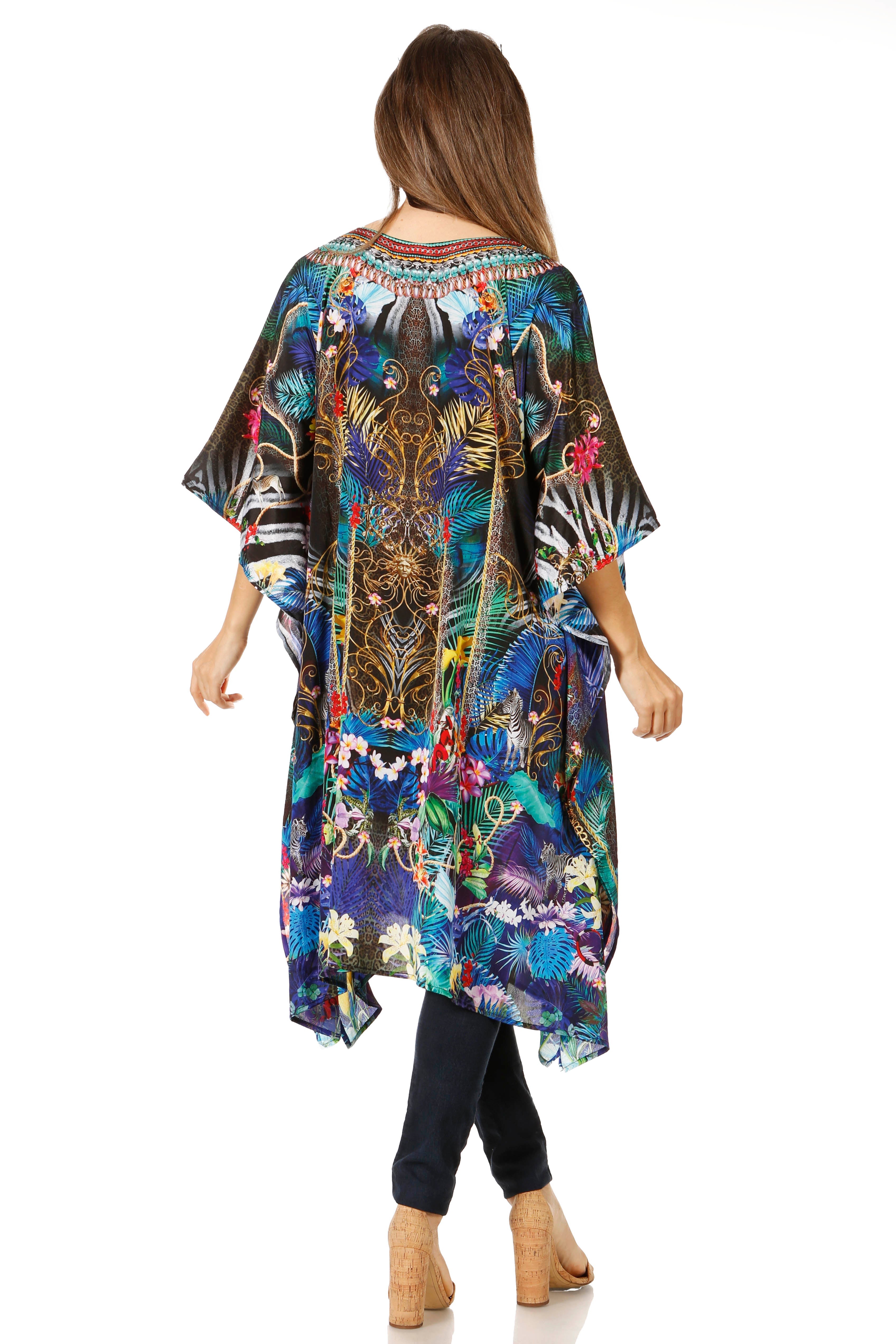 Woman wearing a colorful patterned kimono-style garment on a white background