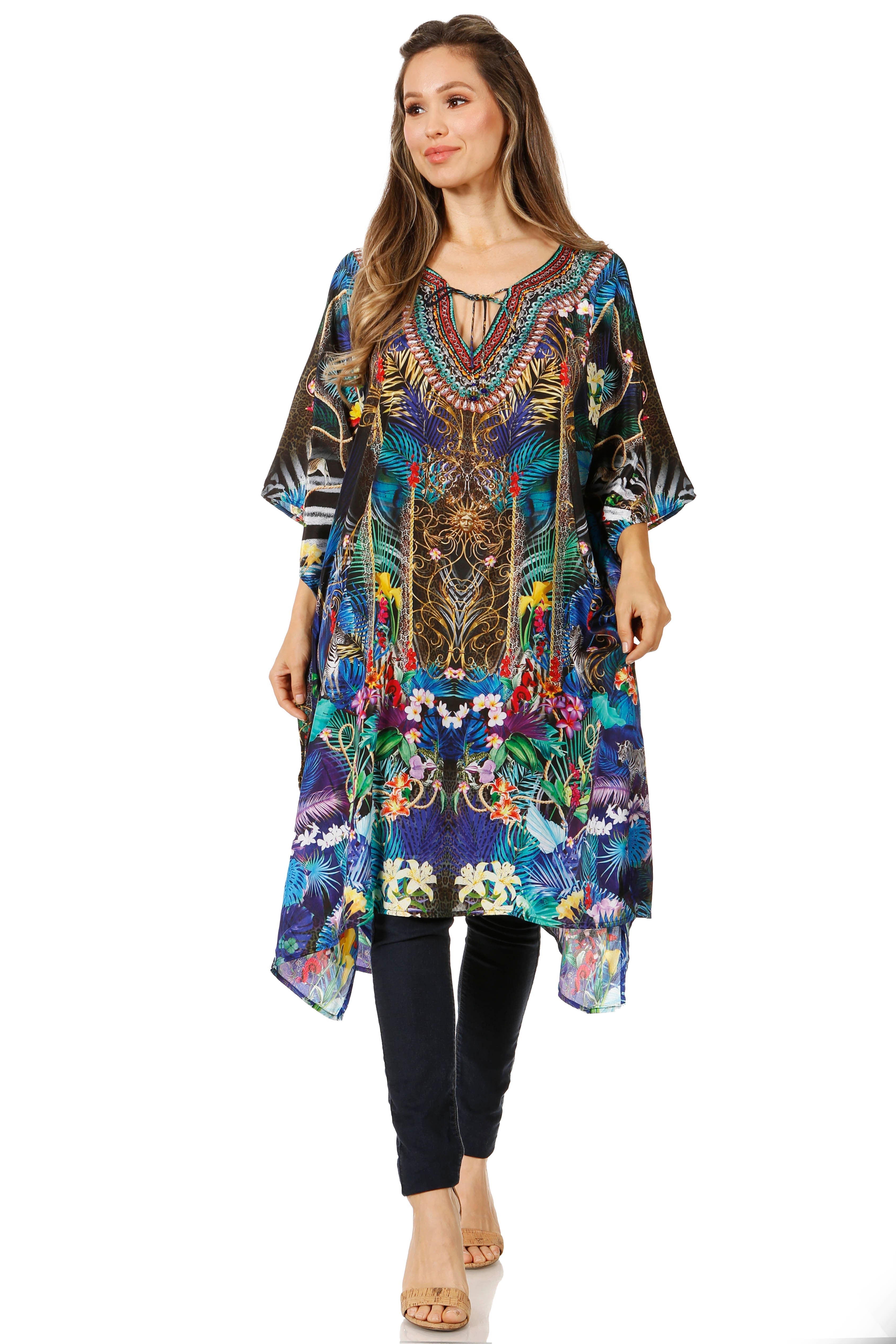 Woman wearing a colorful patterned dress on a white background